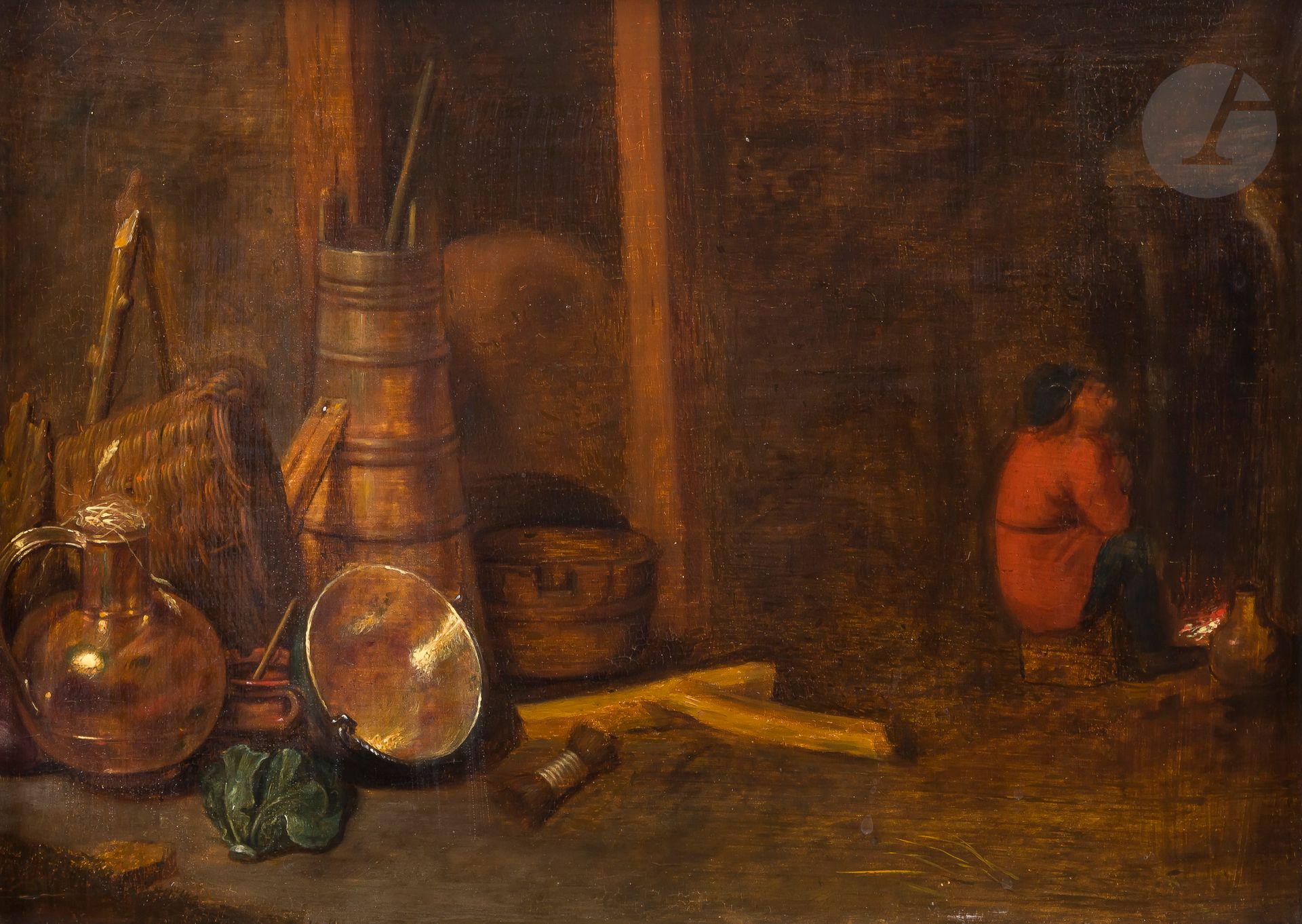 École FLAMANDE, 
dans le gout du XVIIe siècle
Au coin du feu
Panneau
25 x 35 cm