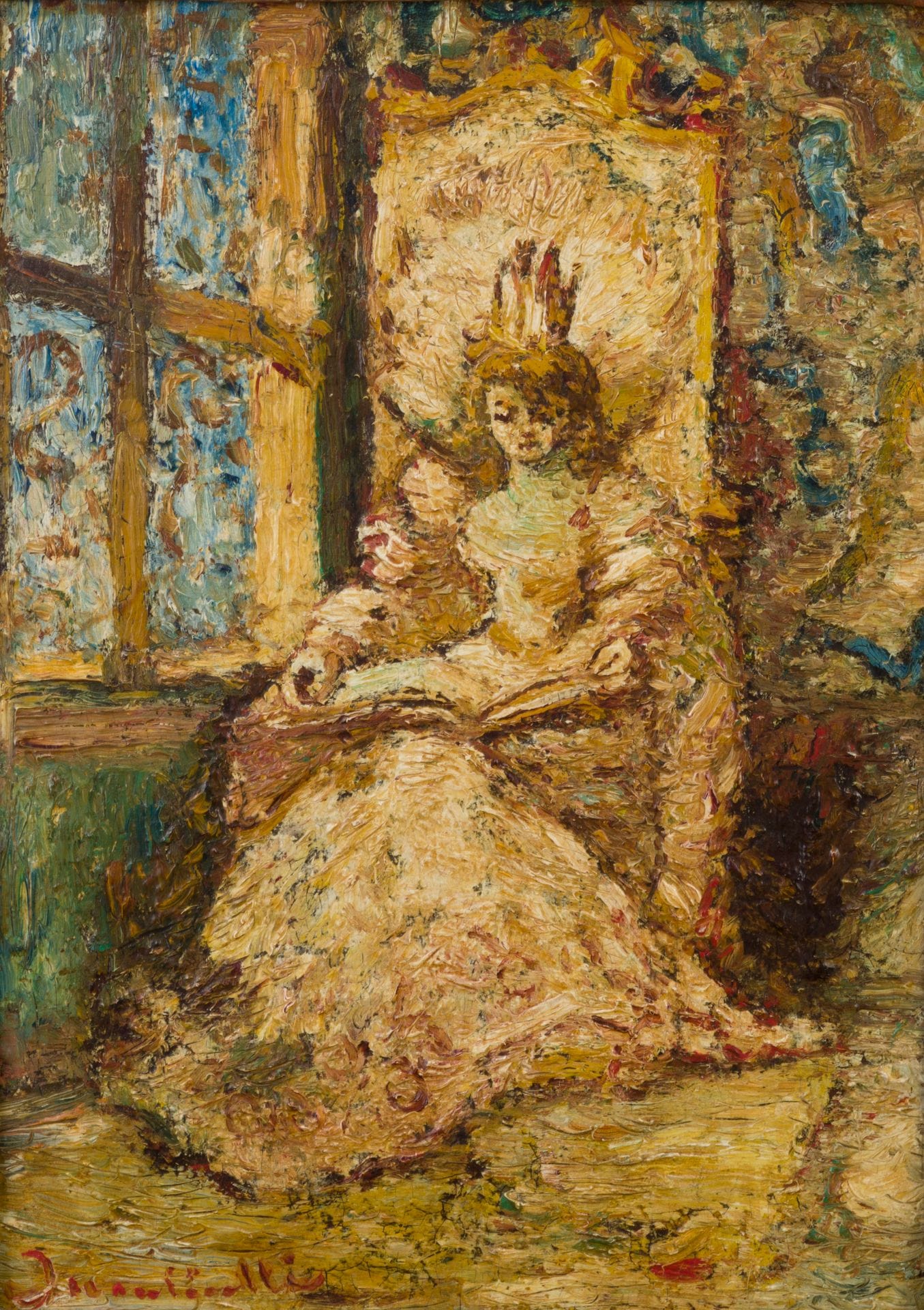 Adolphe MONTICELLI (1824-1886)
Young woman with a child reading
Panel
Signed lower left
32 x 22 cm

- Bibliography : 
Catalog of Monticelli's works, volume II, Sauveur Stammegna, Vence, 1986, n°557 p 45.