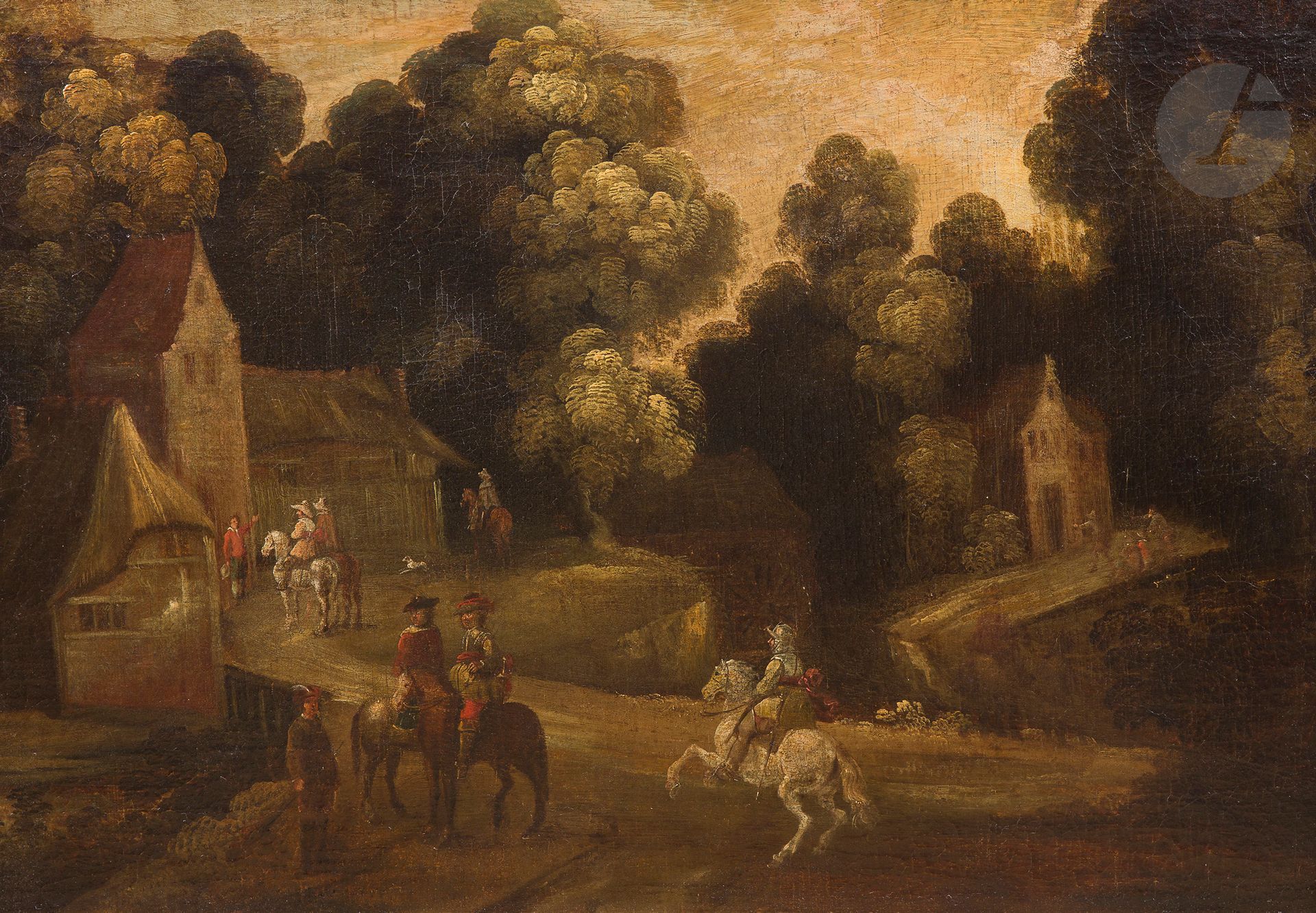 École FLAMANDE du XVIIe siècle, entourage de Pieter MEULENER (1602-1654)
Cavaliers à l’entrée d’un village
Toile
58,5 x 83,5 cm
(Restaurations)