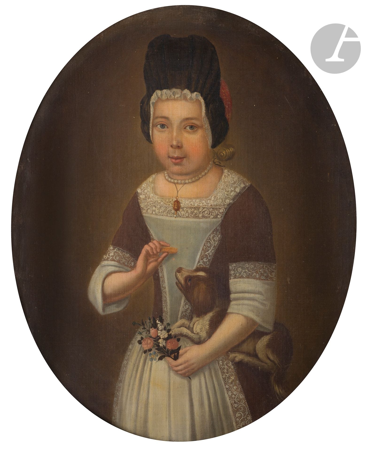École HOLLANDAISE vers 1800
Jeune fille au petit chien d’après une copie vers 1700
Toile ovale
73 x 58 cm