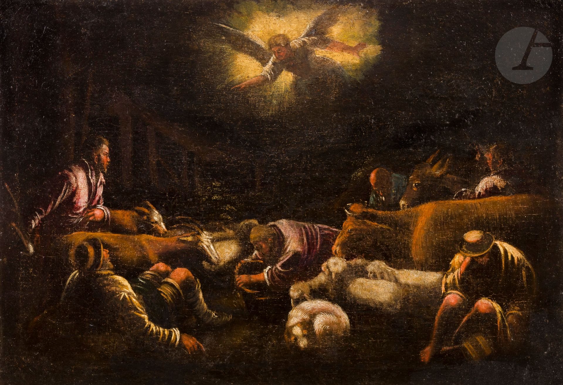 École ITALIENNE du XVIIe siècle, 
Suiveur de BASSANO
L’annonce aux bergers 
Toile
40 x 61 cm
(Restaurations)