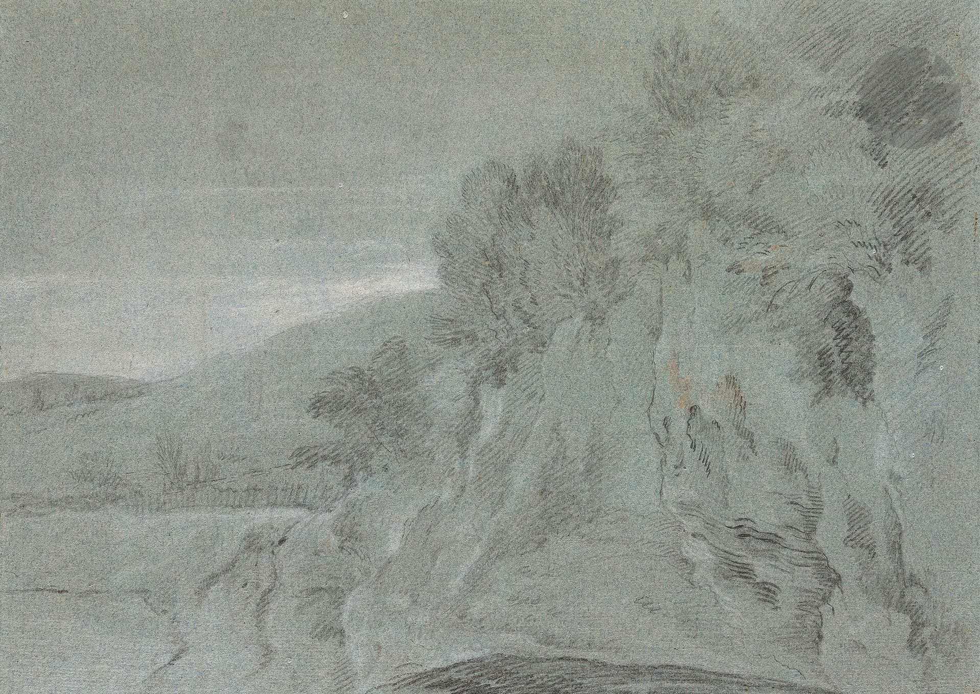 Michel-Ange CHALLE (1718-1778)
Paysage
Crayon noir et rehauts de craie blanche sur papier bleu. (Collé sur un montage ancien).
27 x 38 cm