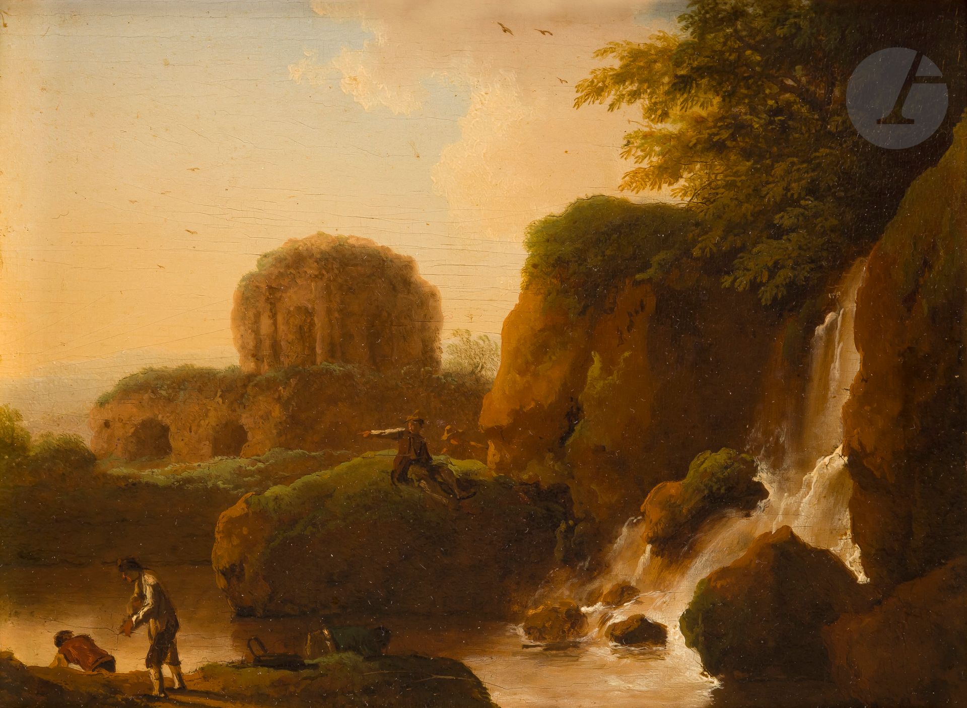 École FRANÇAISE vers 1800 
Personnages sur un rocher près d’une cascade
Panneau
17 x 22 cm