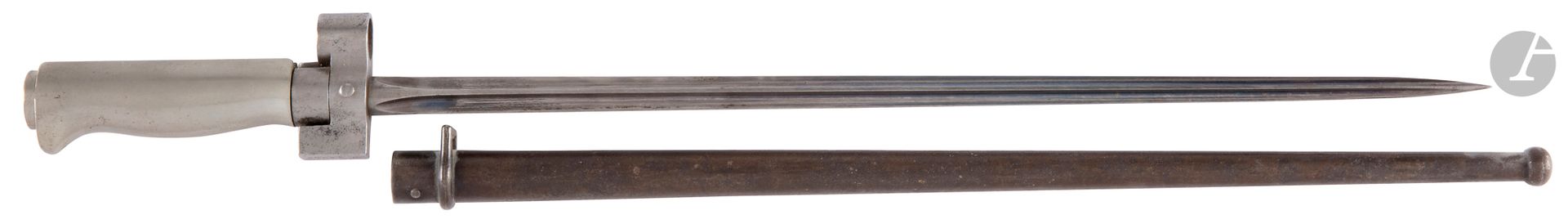 FRANCE 
Bayonet Lebel 1886 M.93 R35 shortened R35.
Nickel silver handle, cruiser without quillon model 1886-15, cruciform blade. Sheet steel scabbard.
Heel of blade marked "C &amp; P" (private manufacture) and "CB" for Clément Bavard.
Scabbard with the same serial number as the guard "D 48048".
Lt : 520 mm - Ll : 400 mm - ll : 14 mm - Dd : 15 mm
A.B.E.