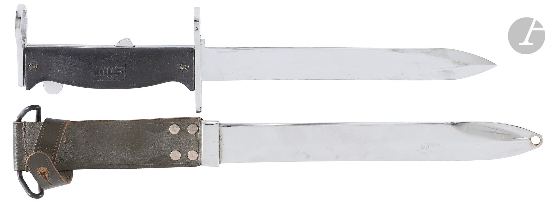 FRANCE 
Bayonet knife MAS 56 with short cutting edge chromed in totality.
Black plastic plates marked "MAS" fixed by two screws, system with rocking bolt. Cross-struck "MAT F". Sheet steel scabbard stamped "MAS 69" with associated green leather scabbard holder.
Lt : 325 mm - Ll : 202 mm - ll : 23 mm - Dd : 22 mm
B.E.