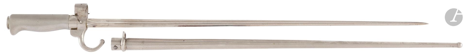 FRANCE 
Bayonet model 1886 for Lebel rifle.
Handle in maillechort, short tang of the 1st type. Die-stamped crossbow, quillon curved downwards, cruciform blade. Steel scabbard. 
Nickel-plated finish. 
Lt : 638 mm - Ll : 520 mm - ll : 14 mm - Dd : 15 mm
A.B.E.