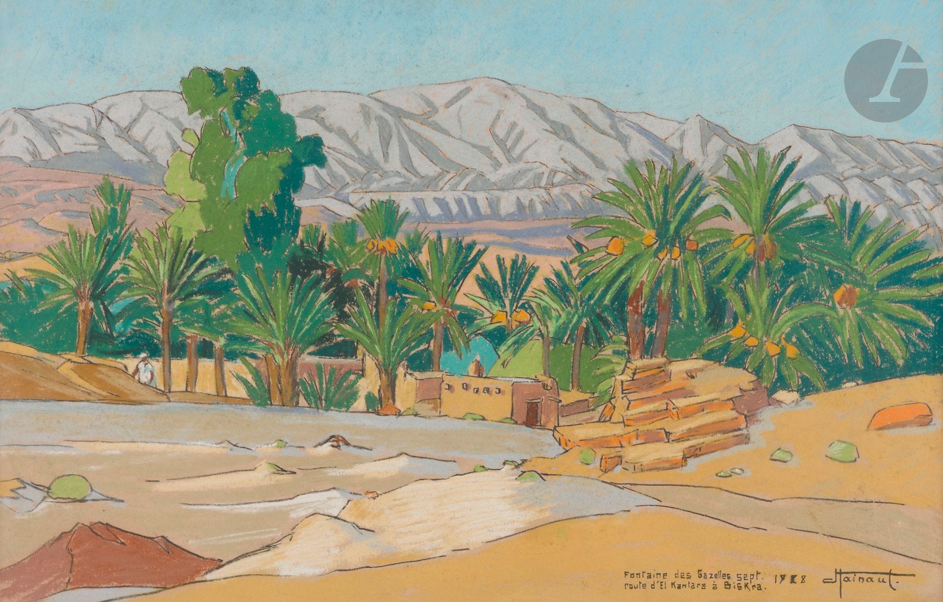 Jean HAINAUT (1894-1959)
La fontaine des Gazelles sur la route d’El Kantara, 1928
Fusain et pastel. 
Signé, daté et situé Biskra en bas à droite. 
30 x 47 cm

