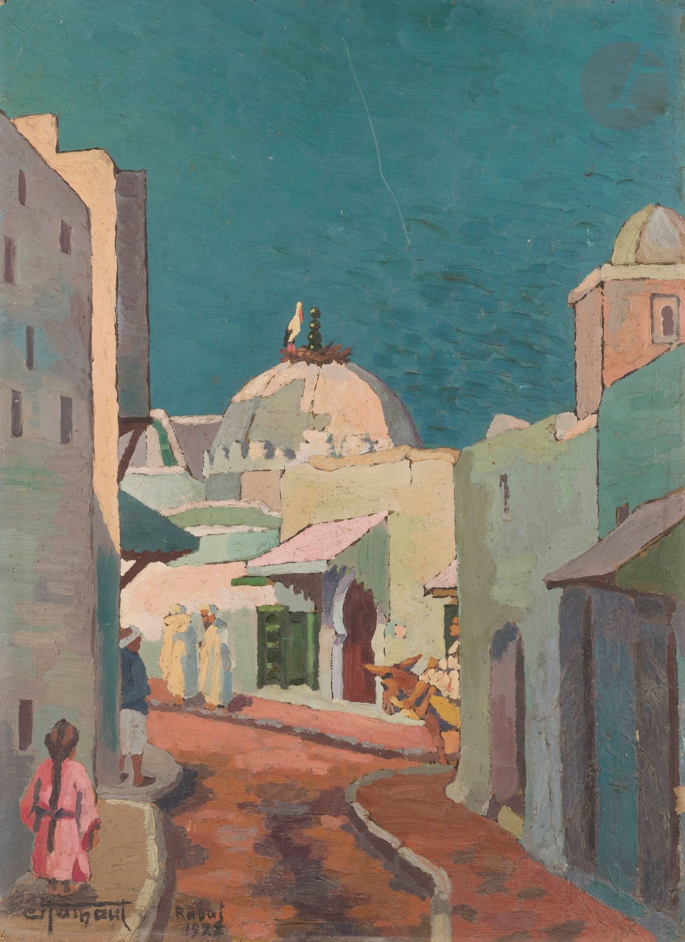 Jean HAINAUT (1894-1959)
Rabat, nid de cigogne sur la coupole, 192... 
Huile sur carton. 
Signée, datée et située Rabat en bas à gauche. 
(Rayure).
76 x 55,5 cm 
