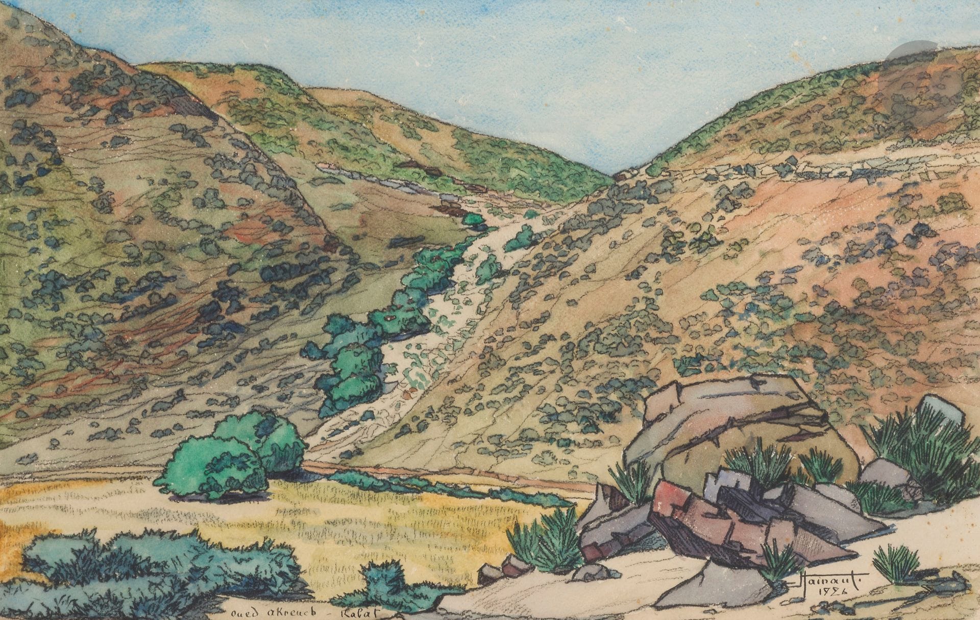 Jean HAINAUT (1894-1959)
Oued Akreuch, 1926 
Fusain et aquarelle. 
Signé et daté en bas à droite. Situé Rabat en bas au centre. 
29,5 x 46,5 cm
