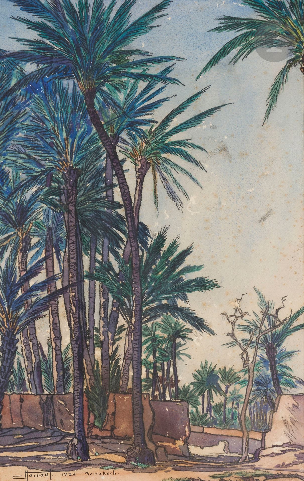Jean HAINAUT (1894-1959)
Palm grove, 1926 
Charcoal and watercolor. 
Signed, dated and located Marrakech lower left.
(Freckles). 
46.5 x 29 cm
