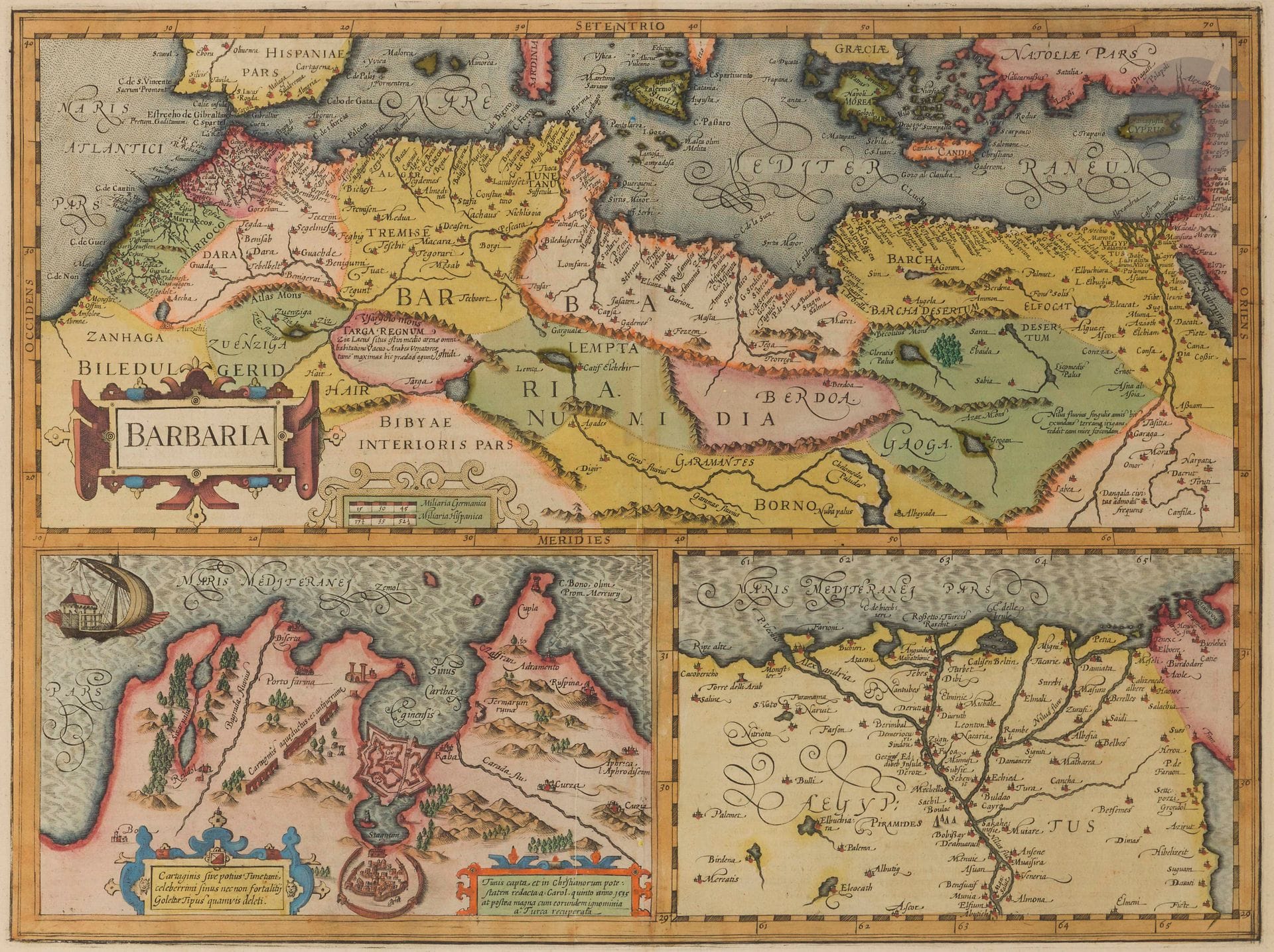Deux cartes anciennes de l’Afrique du Nord, Hollande, XVIIe siècle
Gravures rehaussées de couleurs et légendées en latin. La première, titrée « Barbaria », divisée en trois parties, le cadre supérieur représentant les pays du Nord de l’Afrique, les deux cadres inférieurs centrés sur la Tunisie et l’Egypte, Janssonius, Amsterdam, 1651 La seconde, titrée “Abissino Rum Sive Pretiosi Ioannis Imperiu”, représentant l’Afrique centrale, un encadré détaillant la côte Ouest de l’Afrique, Hondius, Amsterdam, 1628. Double-pages papier sous cadre.
Dim. A vue : 36 x 48 et 36 x 50 cm

Two Ancient Maps of Northern Africa, Holland, 17th century