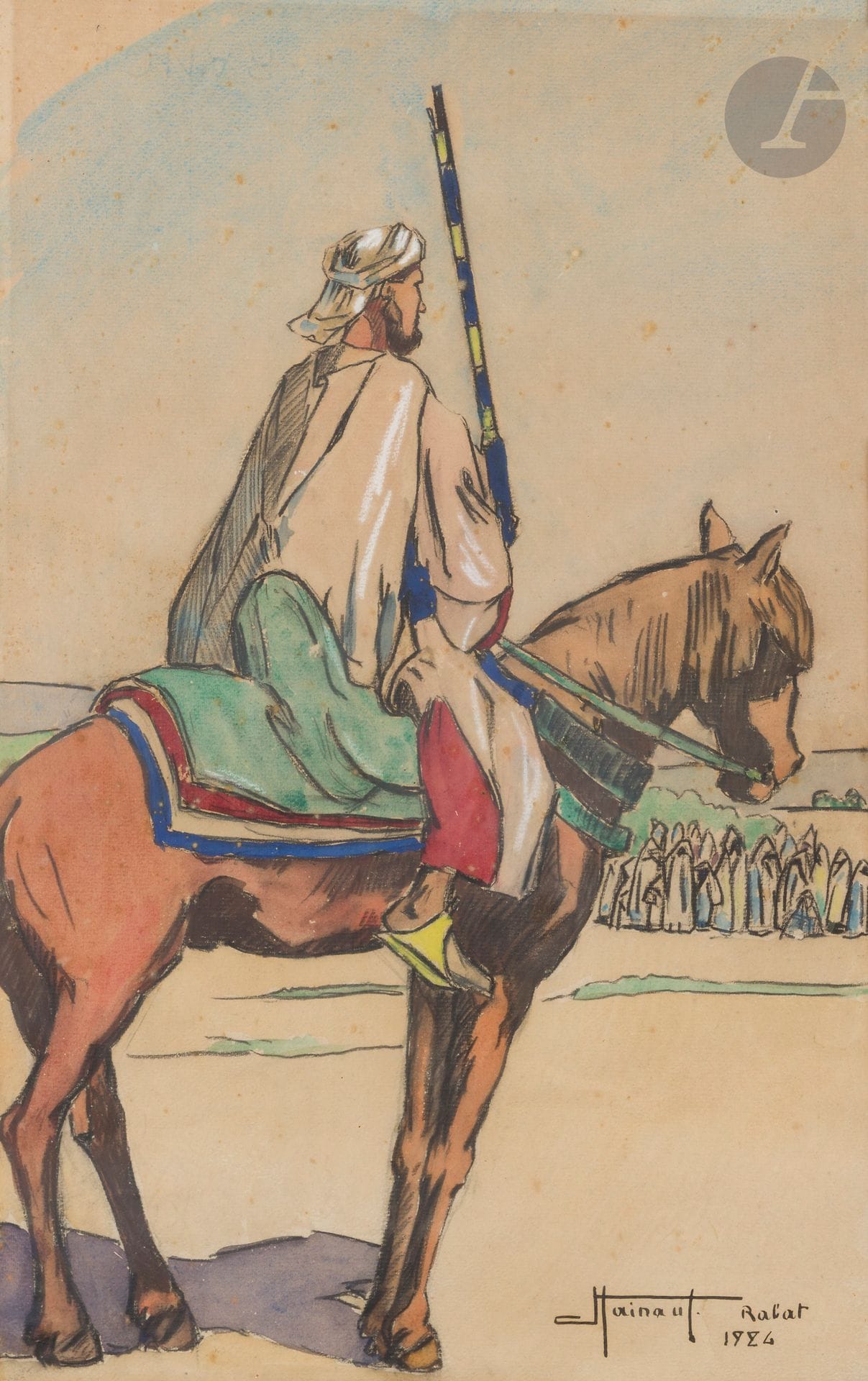 Jean HAINAUT (1894-1959)
Cavalier, 1924 
Fusain et aquarelle. 
Signé, daté et situé Rabat en bas à droite. 
(Rousseurs). 
46,5 x 29 cm
