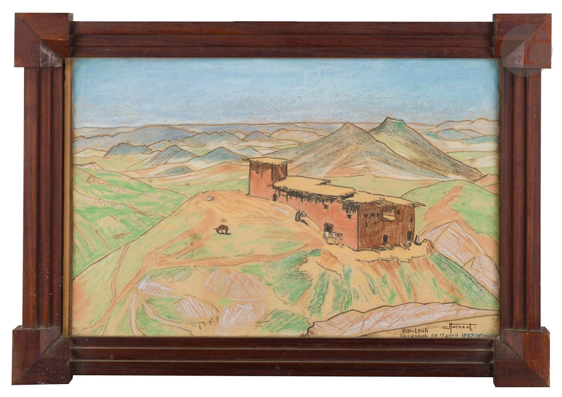 Jean HAINAUT (1894-1959)
Aïn-Leuh, la casbah, 1927 
Pastel. 
Signé, daté, situé en bas à droite et annoté et contresigné au dos. 
(Rousseurs).
30,5 x 47,5 cm 
