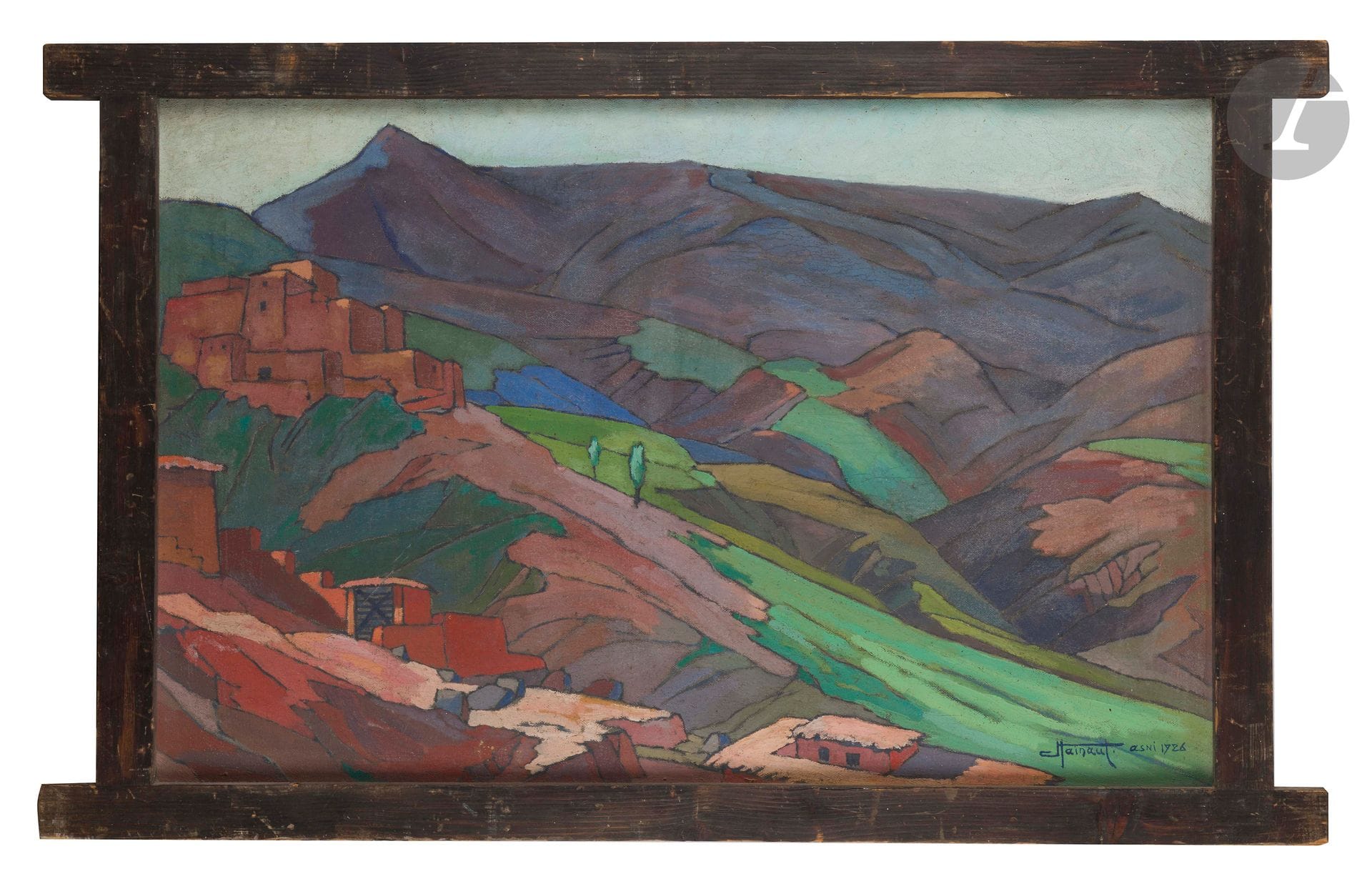Jean HAINAUT (1894-1959)
La Vallée d’Asni, 1926 
Huile sur toile. 
Signée, datée et située en bas à droite. 
61,5 x 94 cm
