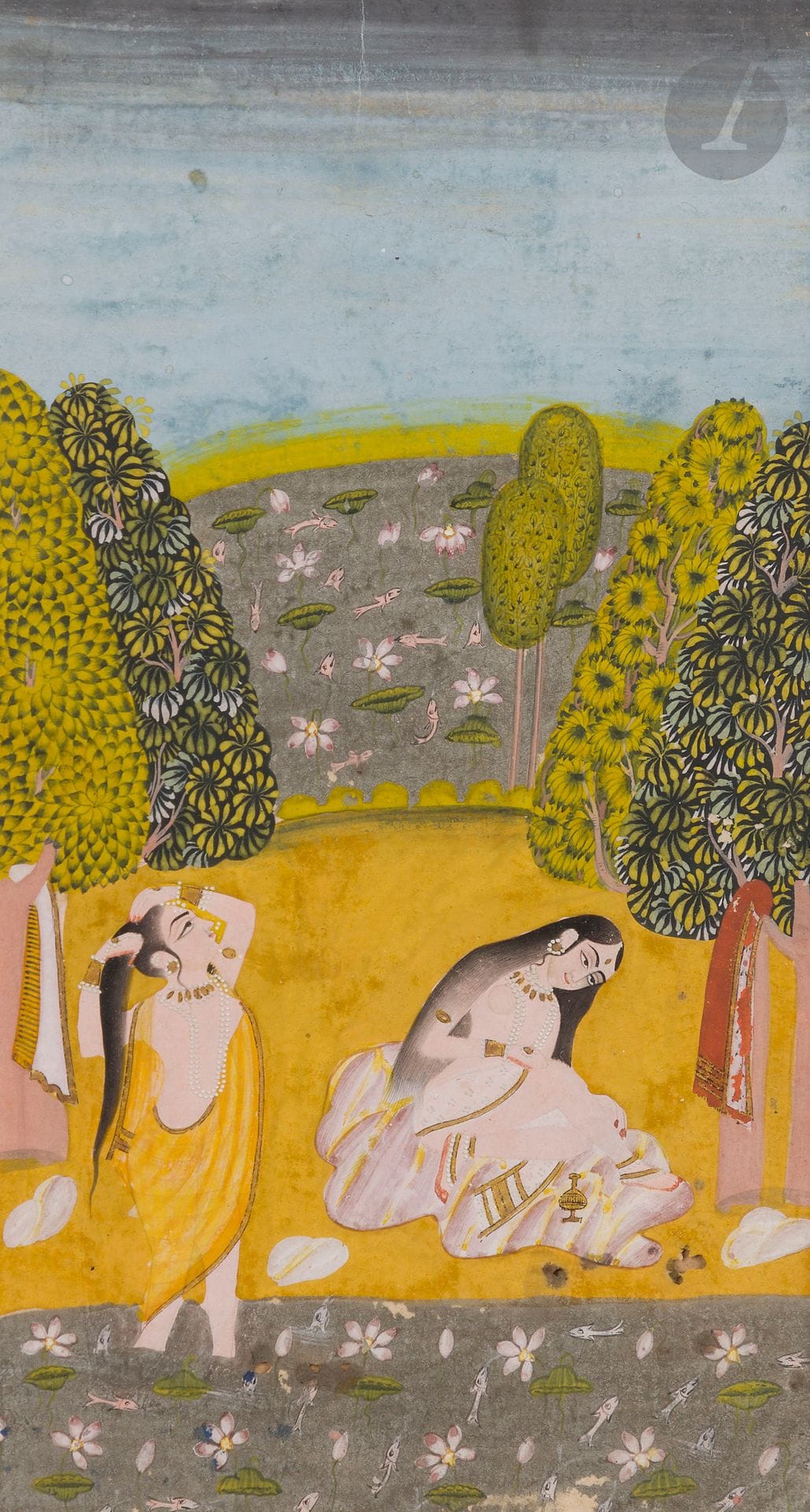 Women bathing, Rajasthan, Bundi, late 18th-early 19th century 
Gold and silver gouache on paper depicting two women bathing, one standing with her feet in a pool of water, adjusting her hairstyle, the other seated on a cloth and appearing to smear her body with ointments. Around them, several trees and another body of water full of fish in the background. Red margin.
25 x 15 cm
Wormholes, a few chips, a few stains and light retouching.

A Painting of Women Bathing, Rajasthan, Bundi, late 18th - early 19th century