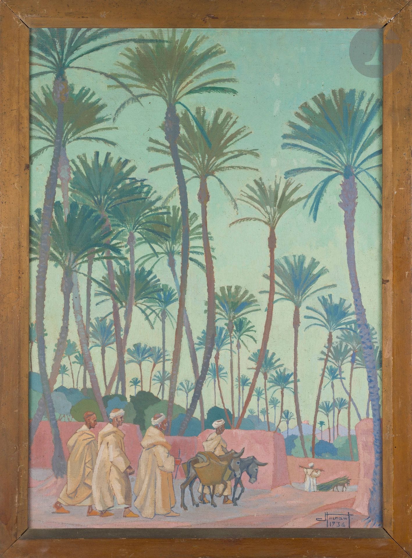 Jean HAINAUT (1894-1959)
Palmiers le soir à Marrakech 
Huile sur toile. 
Signée et datée en bas à droite. 
Titrée au dos. 
87 x 63 cm 

Exposition :
Exposition artistique de l’Afrique française (restes d’étiquette).
