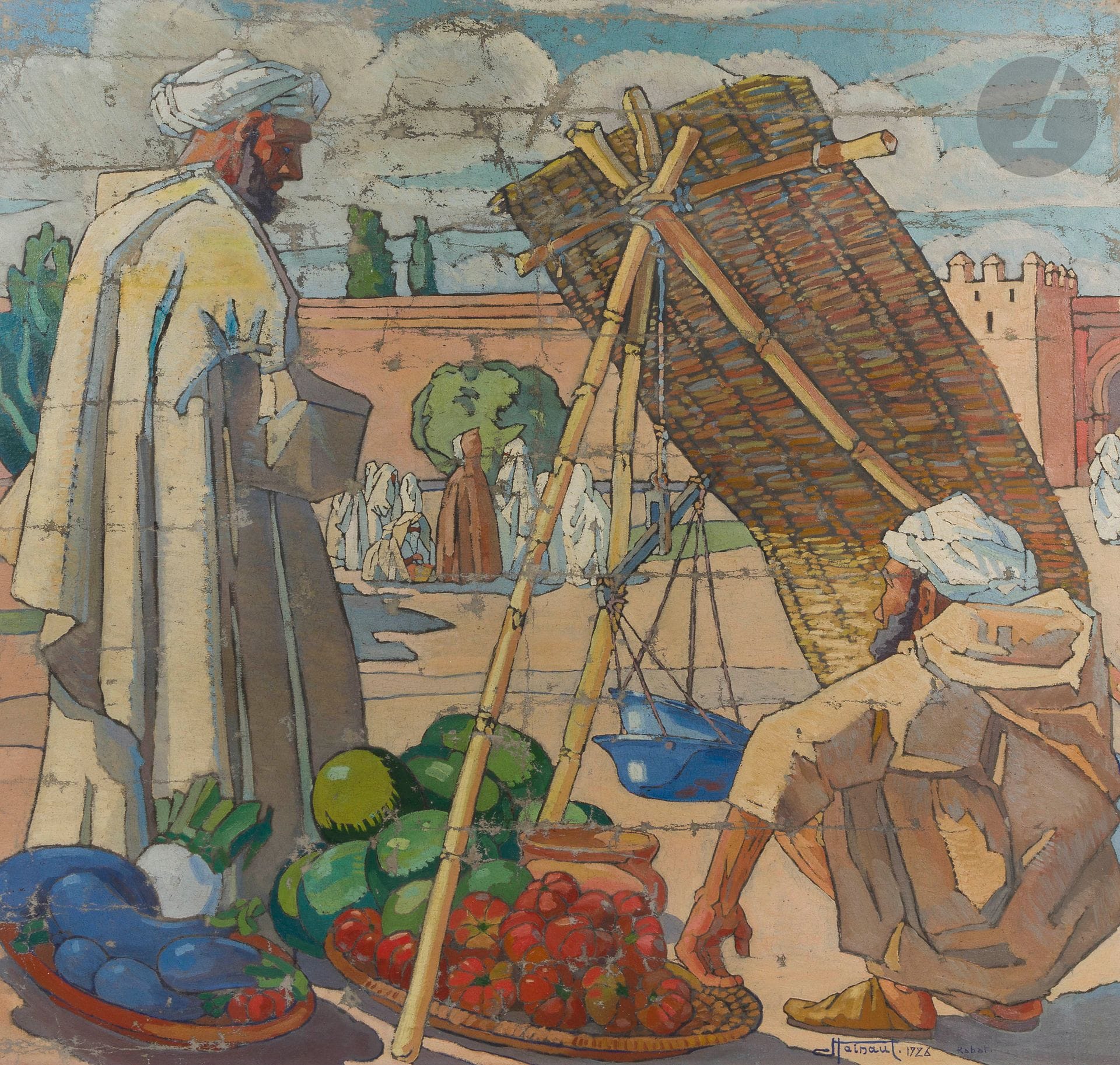 Jean HAINAUT (1894-1959)
Rabat, le marchand de légumes, 1926 
Huile sur toile montée sur panneau. 
Signée, datée et située Rabat en bas à droite. 
(Manques, anciennement roulée)
116 x 116 cm