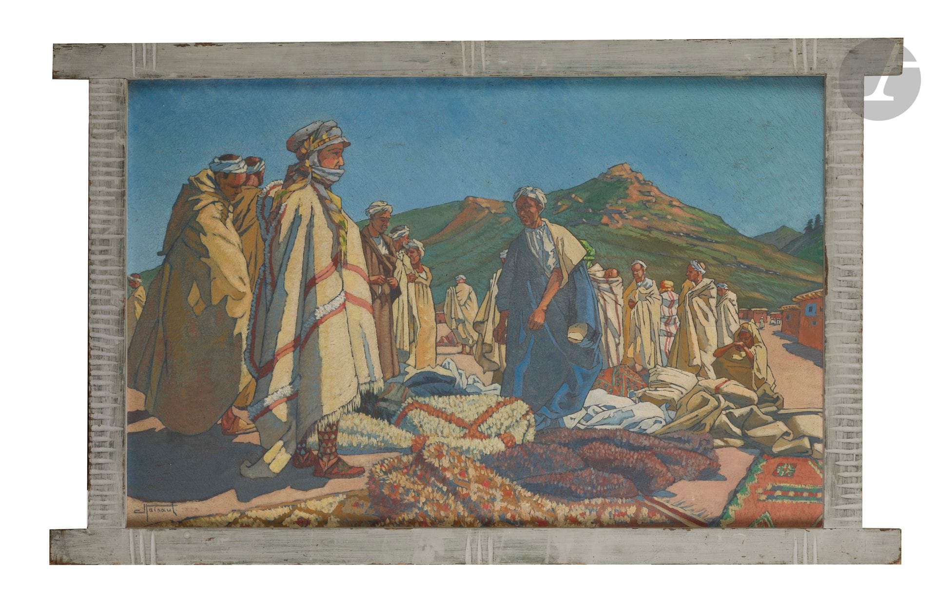 Jean HAINAUT (1894-1959)
Le Marché de tapis 
Huile sur toile. 
Signée en bas à gauche.
61 x 94,5 cm

Exposition :
Exposition artistique de l’Afrique française, Casablanca, 1er-30 mai 1929 (reste d’étiquette au dos).
