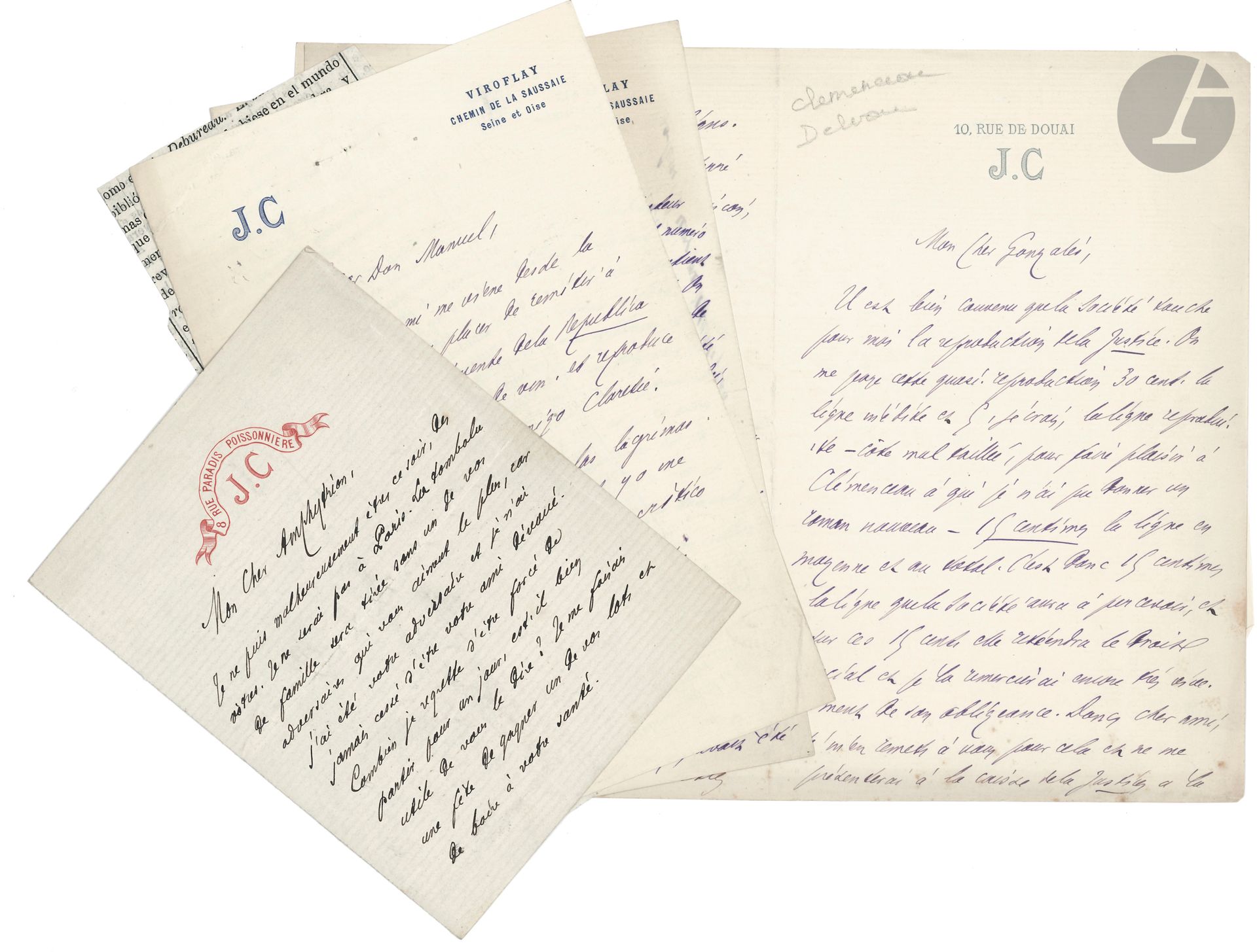 Jules CLARETIE (1840-1913). 144 L.A.S., 1869-1887 et s.d. à Emmanuel GONZALÈS ; environ 190 pages in-8 ou in-12, nombreuses adresses.

Correspondance amicale et littéraire, à celui qui fut son parrain à la Société des Gens de Lettres, évoquant la vie littéraire ; Berthet, Cherville, Clemenceau, Daudet,Delvau, Doucet, Goncourt, Halévy, Houssaye, Hugo, Meurice, P. de Musset, Pasteur, Renan, Theuriet, Uzanne, Vacquerie, Vallès, Zola, etc.