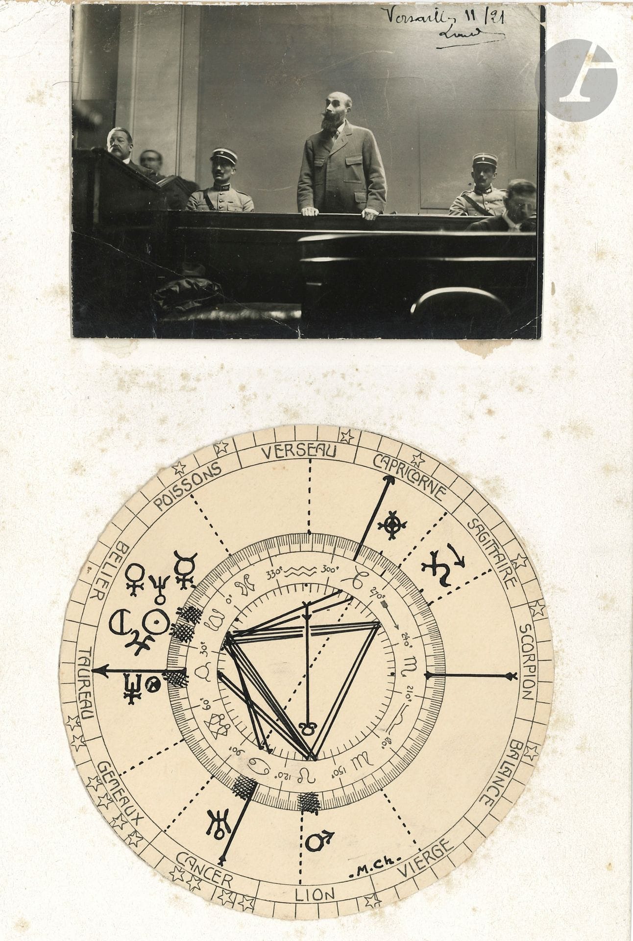 Henri Désiré LANDRU (1869-1922). Photograph with autograph signature; 8.5 x 11.5 cm, silver print, pasted on card.

Rare signed photograph of Landru at his trial, standing between two gendarmes, dated and signed in the upper right corner: "Versailles 11/21 Landru". The astral chart of the murderer drawn by the astrologer Michel Chanteresnes was mounted below.