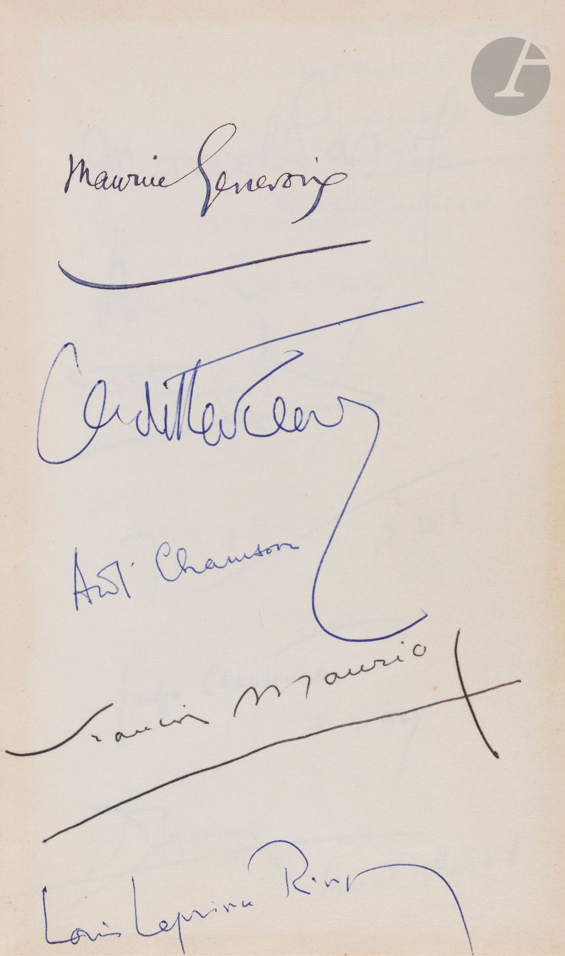 ALBUMS SIGNATURES. 4 albums in-8 (le 3e in-4) maroquin havane, tranches dorées. 64, 95, 2 et 35 ff (le reste vierge).

1. Nombreuses signatures, avec quelques P.A.S. : Céleste Albaret, L. Amade, M.A Asturias, G. Auric, Chr. Barnard, J.L. Barrault, H. Bazin, P. Boulle, Y. Brayer, J. Cabanis, G. Carpentier, Varzou, A. Chamson, R. Clair, B. Clavel, C. Coccioli, J. Daniélou, S. Delaunay, A. Dunoyer de Segonzac, P. Emmanuel, J. Follain, M. Genevoix, J. Green, E. Ionesco, A. Jolivet, M. Jouhandeau, J. Kessel, J. Ladoumègue, Lanza del Vasto, J.M.G. Le Clézio, R. Lehmann, L. Leprince-Ringuet, F. Lopez, Lorjou, F. Mauriac, H. de Montherlant, P. Morand, Moretti, Mountbatten of Burma, A. Nin, J. d’Ormesson, M. Pagnol, col. Rémy, C. Rim, C. de Rivoyre, J. Romains, T. Rossi, J. Rostand, R. Sabatier, F. Sagan, H. Sauguet, M. Schumann, E. Tabarly, M. Tournier, P. Townsend, H. Troyat, P. Vialar, E. Wolff, etc.
2. Nombreuses signatures, avec quelques P.A.S., 1977 : L. Amade, Chr. Barnard, P. Béarn (avec dessins), J.L. Bory, R. Caillois, G. des Cars, G. Cesbron, A. Chamson, Chapelain-Midy, J.L. Curtis, D. Decoin, M. Druon, P. Dudan, A. Fabre-Luce, D. Gélin, J.E. Hallier, P.J. Heliaz, J. Lacarrière, A. Lanoux, E. de La Rochefoucauld, S. Lido, J. Marais, G. Matzneff, lord Mountbatten, P. Nord, F. Nourissier, B. Pivot, S. Prou, Col. Rémy, D. de Rougemont, R. Sabatier, H. Sauguet, R. Tavernier, H. Tazieff, M. Tournier, J.L. Villalonga, etc.
[3]. Signatures : P. de Boisdeffre, P. Boudot, S. et M. Bromberger, J. Cabanis, H. Castillou, J.P. Chabrol, M. Droit, G. Dupré, P. Moustiers, E. Roblès, L. Velle…
[4]. Nombreuses signatures, avec quelques P.A.S., 1974-1979 : R. Bésus, M. Ciry, J. Dannet, D. Decoin, L. Gautier-Vignal, E. de La Rochefoucauld, E. Lejeune, J. Le Roux, J. Loiret, F. de Montbrial, P. Sancan, M. Sogny, etc.