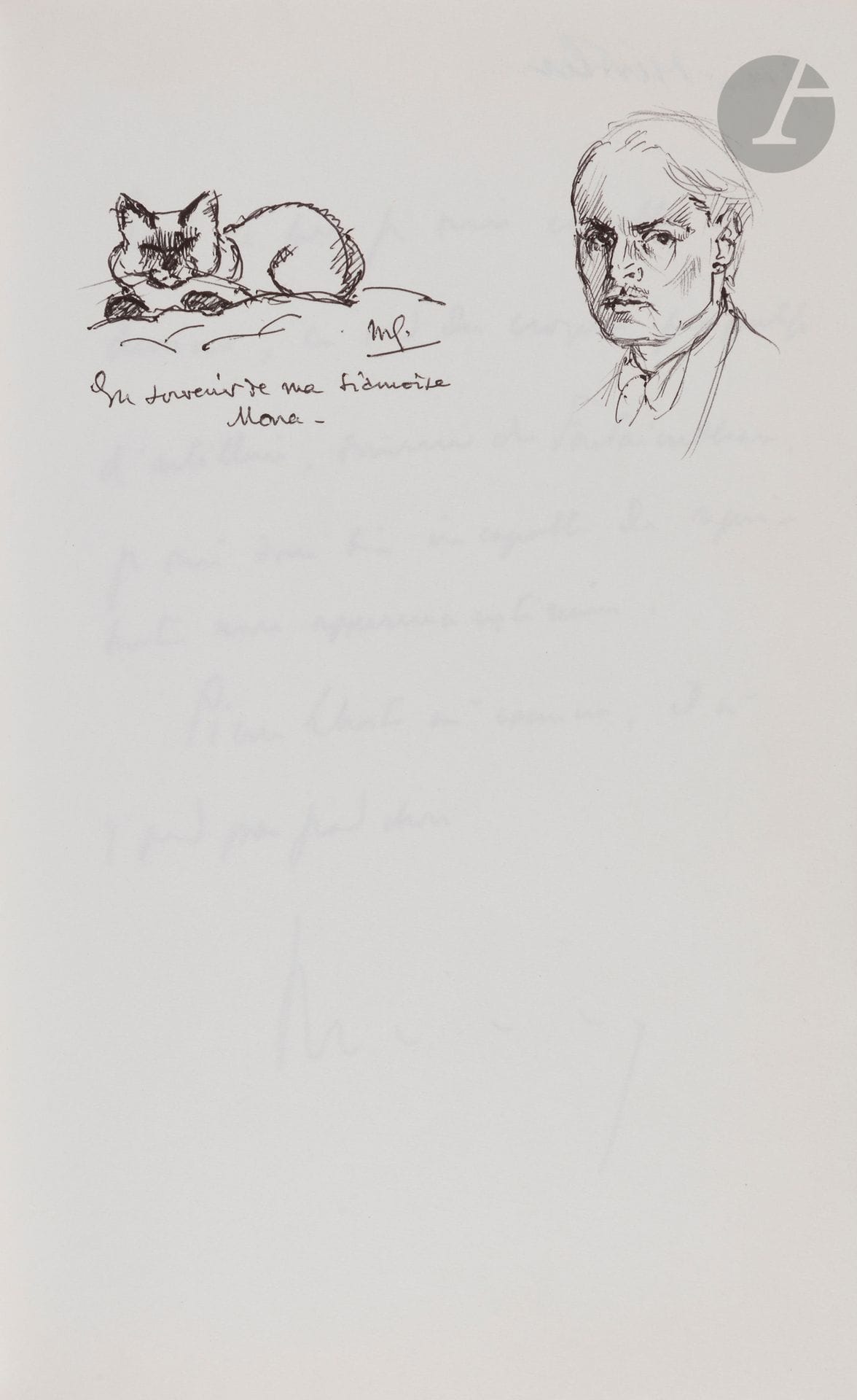 ALBUM PORTRAIT. Grand in-8 maroquin havane, tranches dorées, 73 ff. (le reste vierge).

74 autoportraits (plus ou moins imaginaires) dessinés, signés, la plupart avec commentaire autographe, 1976-1978, par Claude Aveline, Pierre Béarn, Antoine Blondin, Pierre de Boisdeffre, Georges Bordonove, Daniel Boulanger, André Bourin, Christian Bernadac, Marc Blancpain, Jacques de Bourbon-Busset, Guy Breton, Guy des Cars, Jean Cassou, André Castelot, Yvonne Chauffier, Bernard Clavel, Marcel Courbier, Robert J. Courtine, Jean-Louis Curtis, Pierre Debray-Ritzen, Alain Decaux, Jean Descola, Ghislain de Diesbach, Pierre Dudan, Claude Dufresne, Georges Elgozy, gal Jean-Paul Etcheverry, Solange Fasquelle, Jean Fayard, Paul Ganière, Maurice Genevoix, Guillevic, Paul Guth, Frédérique Hébrard, Roger Ikor, Jacques Isorni, Pierre de Lagarde, Armand Lanoux, Jacques Legris, Charles Le Quintrec, Jacques Raphaël Leygues, Paul Lorenz, Gabriel Matzneff, Pierre Mazars, Gérard Mourgue, Pierre Moustiers, Claude Nielsen, Jean Nohain, Jean d’Ormesson, Henri Philippon, Roger Rabiniaux, Pierre-Jean Rémy, Jacques Robert, Michel de Saint-Pierre, Samivel, Marcel Schneider, Olivier Séchan, Pierre Simon, André Soubiran, René Tavernier, José Luis de Villalonga, Georges Wakhevitch, Georges Walter. Et 11 autoportraits écrits a.s., par Hervé Bazin, Edmond Buchet, Jacques Chabannes, Christian Dedeyan, Gilles Grangier, Jacques Laurent, Louis Leprince-Ringuet, Jean Mistler, Louis Nucera, Jules Roy, Robert Sabatier.