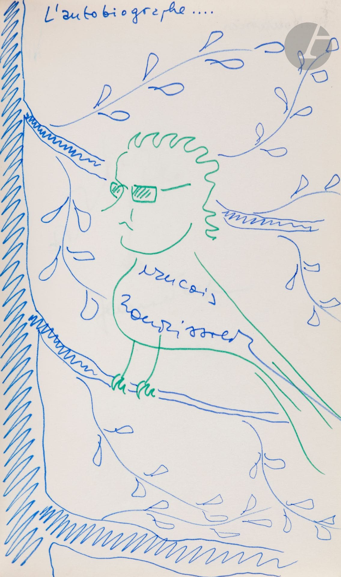 ALBUM ARBRES 2. In-8 maroquin havane, tranches dorées, étui. 142 ff.

142 dessins d’arbre, signés, certains avec commentaire autographe, 1970, par Germaine Acremant, Louis Amade, Georges Auric, Claude Aveline, René Barjavel, Gilbert Bécaud, Roger Bésus, André Billy, Francis Blanche, Marc Blancpain, Antoine Blondin, Jean Blot, Georges Bordonove, Jean-Louis Bory, Henri Bosco, Alain Bosquet, Brassaï, Georges Brassens, Arno Breker, José Cabanis, Gilbert Cesbron, Philippe Chabaneix, Jean-Pierre Chabrol, R. Chapelain-Midy, René Clair, Maurice Clavel, France Clidat, François de Closets, Roger Couderc, Salvador Dali, Jean Davray, Pierre Delanoë, Joseph et Caroline Delteil, Raymond Devos, Lawrence Durrell (Epfs), Jacques Fabbri, Edgar Faure, Jean Freustié, Louis Gautier-Vignal, Paul Guimard, Léo Hamon, Thor Heyerdahl, René Huyghe, Lanza del Vasto, Jacques Laurent, Violette Leduc, Félix Marten, François Mauriac, Christian Mégret, Edmond Michelet, Germaine Montero, Henry de Montherlant, Moretti, Claude Nougaro, François Nourissier, Jacqueline Pagnol, André Parinaud, Roger Peyrefitte, Jean Piat, Alain Poher, Francis Ponge, Fernand Raynaud, Régine, Maurice Rheims, Michel Robida, Jules Romains, Denis de Rougemont, Raoul Salan, Alice Sapritch, Catherine Sauvage, Maurice Schumann, Serge, Pierre-Henri Simon, Geneviève Tabouis, Jacques Toja, Touchagues, Michel Tournier, Pierre-Yves Trémois, Paul-Émile Victor, etc.