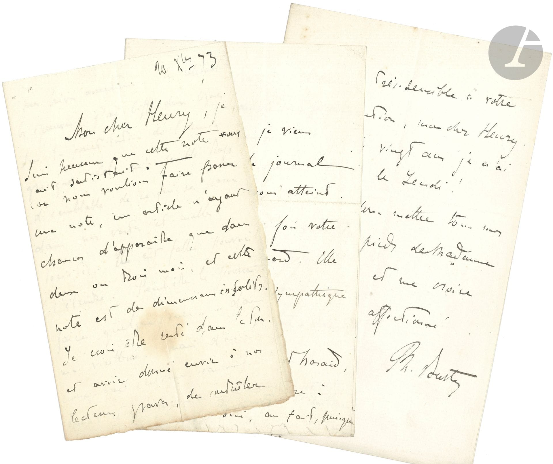 Philippe BURTY (1830-1890). 13 L.A.S., 1871-1884 et s.d., à Henry HOUSSAYE ; 18 pages in-8 et in-12.

Invitations, condoléances pour la mort de l’épouse de l’oncle Édouard Houssaye, (1871), annonce d’une conférence sur le Japon ancien et le Japon moderne, à propos d’articles pour la revue L’Artiste et de leur illustration (notamment avec des petits bois japonais) ; une à Édouard Houssaye, au sujet d’un sonnet dont Burty demande la copie autographe.
8 mars 1877 : il voudrait insérer une lettre de Fromentin dans son volume « Maîtres et Petits Maîtres qui s’élabore en ce moment chez Charpentier » ; dans sa lettre Fromentin remercie pour l’envoi par L’Artiste d’un volume, dans lequel il est question de lui : « Serait-ce le volume de votre père ? De Gautier ? En tout cas, il doit être question d’un Été dans le Sahara car Fromentin annonce Une année dans le Sahel. » 12 juillet 1880 : remerciements pour une note sur les Lettres d’Eugène Delacroix : « ces lettres nous découvrent un robuste ouvrier, un passionné de la profession. C’est un sentiment devenu rare »…
