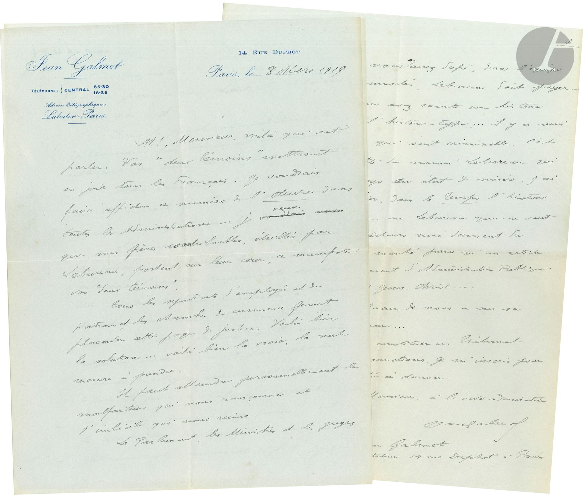 Jean GALMOT (1879-1928) homme d’affaires et aventurier. L.A.S., Paris 8 mars 1919, [à Paul REBOUX] ; 3 pages in-4 à son en-tête et adresse.

Rare lettre du héros de Rhum de Cendrars. À la suite d’un article de Paul Reboux « Les deux témoins » paru dans l’Œuvre du 8 mars 1919, dénonçant l’absurdité de l’administration, Galmot le félicite : « Je voudrais faire afficher ce numéro de l’Œuvre dans toutes les administrations »… Les protestations contre l’Administration et M. Lebureau sont vaines : « Lebureau n’existe pas… Dans la jungle administrative, le fonctionnaire qui décide est embusqué de telle sorte qu’aucune loi ne peut l’atteindre ». Il faudrait une équipe de « citoyens musclés » qui cherche le responsable du mal, et l’invite à rapporter « la mesure inique ou imbécile », sous peine de rétablir « dans le code la peine du châtiment corporel ». Mais « – Lebureau est irresponsable, dit le juge. – Lebureau vous l’avez sapé, dira l’équipe de citoyens musclés, Lebureau doit payer ». L’histoire de Reboux était plaisante, mais Lebureau peut avoir des agissements criminels : « C’est l’irresponsabilité du nommé Lebureau qui tient notre pays dans un état de misère […] Lebureau qui ne veut pas que les pêcheurs nous donnent du poisson à bon marché parce qu’un article 37 d’un règlement de l’Administration Publique de l’an IV avant Jésus-Christ… » Et Galmot conclut : « Il faut constituer un Tribunal et établir des sanctions. Je m’inscris pour la première râclée à donner »…