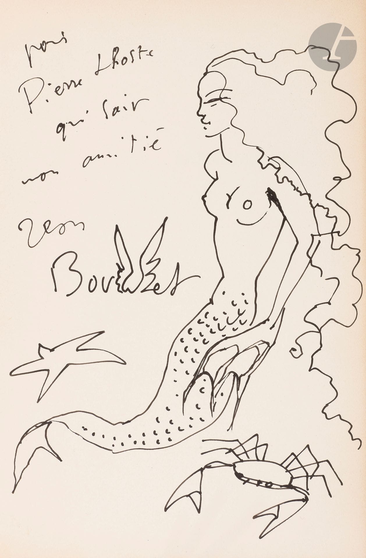 VIAN, Boris (1920-1959) - BOULLET, Jean (1921-1970).
Barnum’s digest. 10 monstres fabriqués par Jean Boullet et traduits de l’américain par Boris Vian.
Paris : Aux deux menteurs, [1948]. — In-8, en feuilles, couverture rempliée.
Édition originale de cette plaquette tirée à 250 exemplaires plus quelques exemplaires hors commerce, composée de dix poèmes de Boris Vian accompagnés de dix dessins en noir à pleine page de Jean Boullet.
Exemplaire hors commerce, enrichi de cet envoi autographe signé de Jean Boullet, accompagné d’un grand dessin original de l’artiste représentant une sirène :
pour // Pierre Lhoste // qui sait // mon amitié // Jean // Boullet
Exemplaire bien conservé.