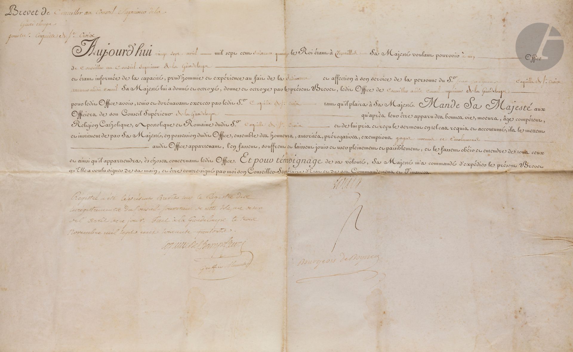 LOUIS XV (1710-1774). P.S. (secrétaire), Versailles 27 avril 1774 ; contresignée par Pierre-Étienne Bourgeois de Boynes, secrétaire d’État à la Marine ; vélin in-plano en partie impr.

Brevet de conseiller au Conseil supérieur de la Guadeloupe pour le S. Coquille de Sainte-Croix ; visé à la Guadeloupe le 3 novembre 1774 par le greffier-plumitif Coquille de Champfleury.
