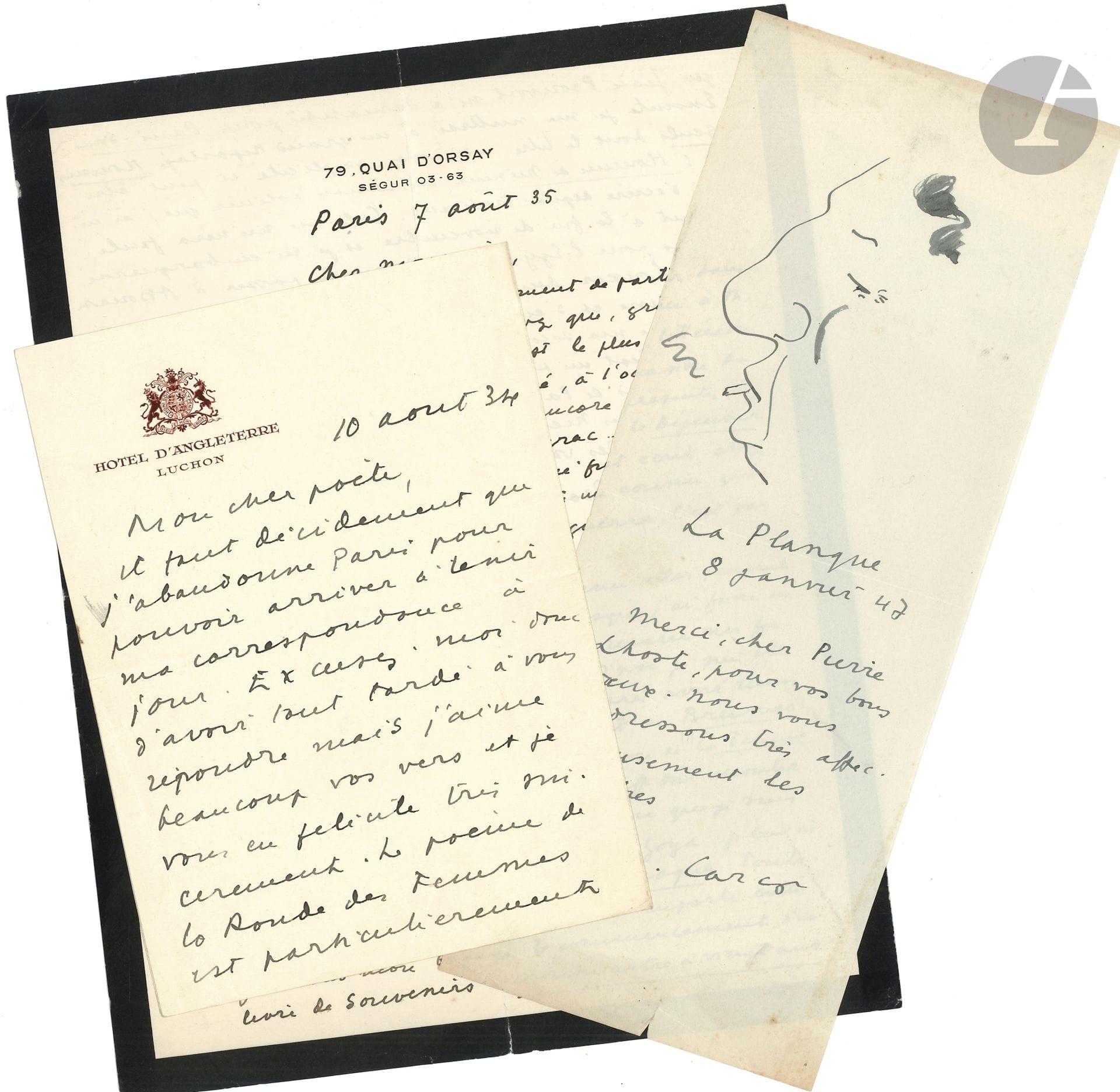 Francis CARCO (1886-1958).13 L.A.S. and 5 postcards a.s., 1934-1955, mostly to Pierre Lhoste; 22 pages various sizes, some addresses.

Friendly correspondence, beginning with encouragement to the young poet (August 10, 1934). - August 7, 1935, before his departure for vacation in the Lot, "the most literary department there is"; he discusses his recent works: Brumes, the adaptation for Pitoëff of La Femme sans nom, a Danish play, Printemps d'Espagne... He begins a book of memories, Montmartre à vingt ans, and is going to start on a "great reportage Hommes seuls," and a detective novel, L'Homme de minuit; then he announces his next trip to Egypt, "my second homeland."-In April 1937, 3 postcards from Alexandria and Cairo (one to Maurice Donnay). - August 27, 1937, on Mists, one of his favorite books, which takes place "in Antwerp and Amsterdam... a mixture of these two cities", and his next publications. - 2 letters of greetings are illustrated with a drawing of his self-portrait. - April 9, 1948, congratulations to P. Humbourg for his Bar de minuit passé, "which has just obtained a prize so perfectly awarded" .... Etc.

A prospectus from Bobino, an illustrated invitation, 2 business cards, and an envelope to Henry Torrès are attached.