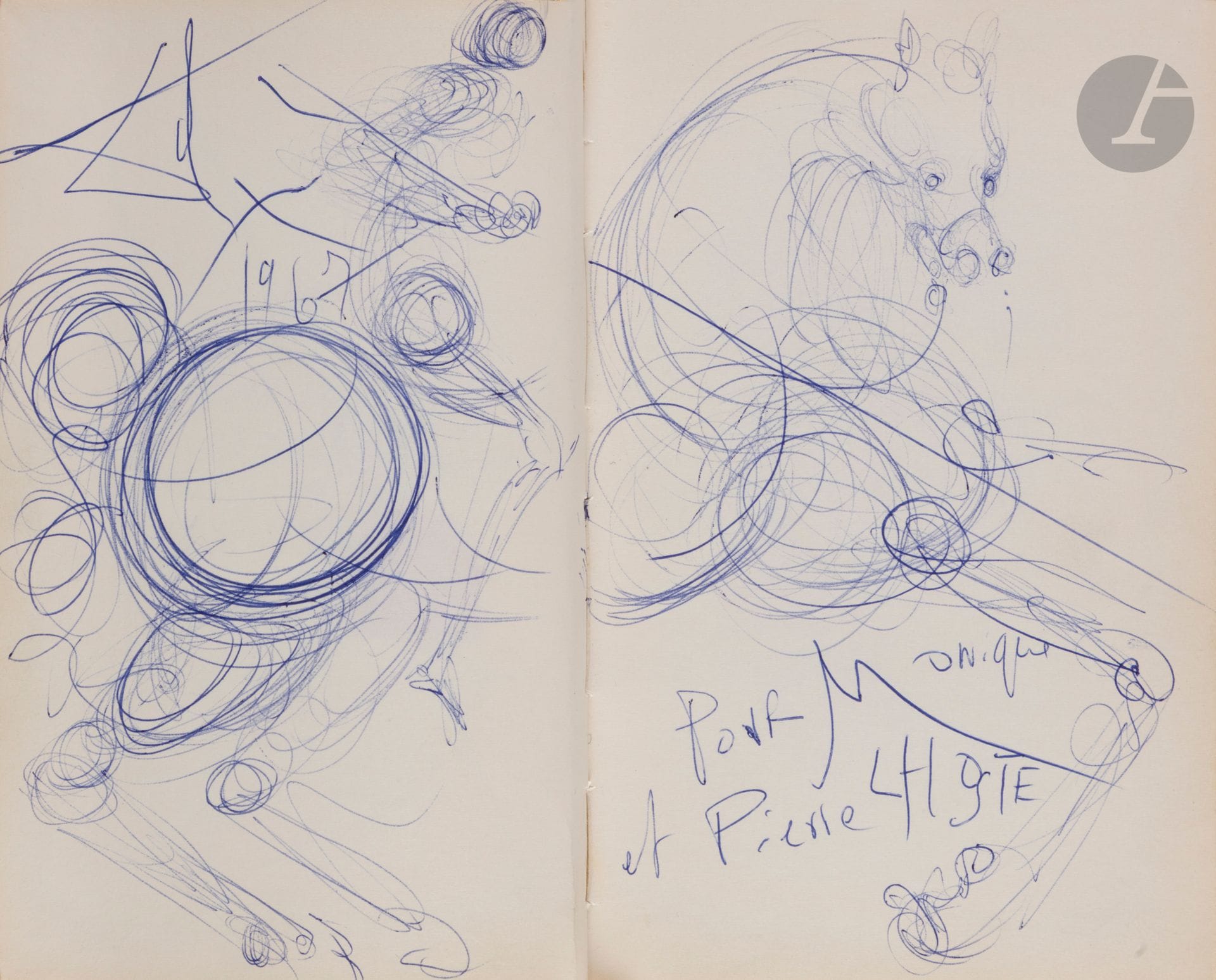 PEINTRES. Album in-8 maroquin havane, tranches dorées, étui. 16 ff (le reste vierge).

10 dessins signés, la plupart sur double page avec dédicace autographe : Yves Brayer (aquarelle, chevaux dans la Camargue, 1968), Roger Chapelain-Midy (aquarelle gouachée, nature morte, 1967), baron Pierre Courtens (crayons noir et couleur, femme assise), Salvador Dali (stylo bille bleu, chevalier, 1967), Jean Dannet (feutres, paysage du Japon, 1977), Michel Gilbert (feutre noir, paysage marin), Charles Kiffer (feutres, danseuse espagnole), Georges Mathieu (encre de Chine et collage, 1967), Pierre Morosini (feutre bleu, bouquet devant une fenêtre), Édouard Pignon (feutre noir et crayons de couleur, chevalier, 1968).