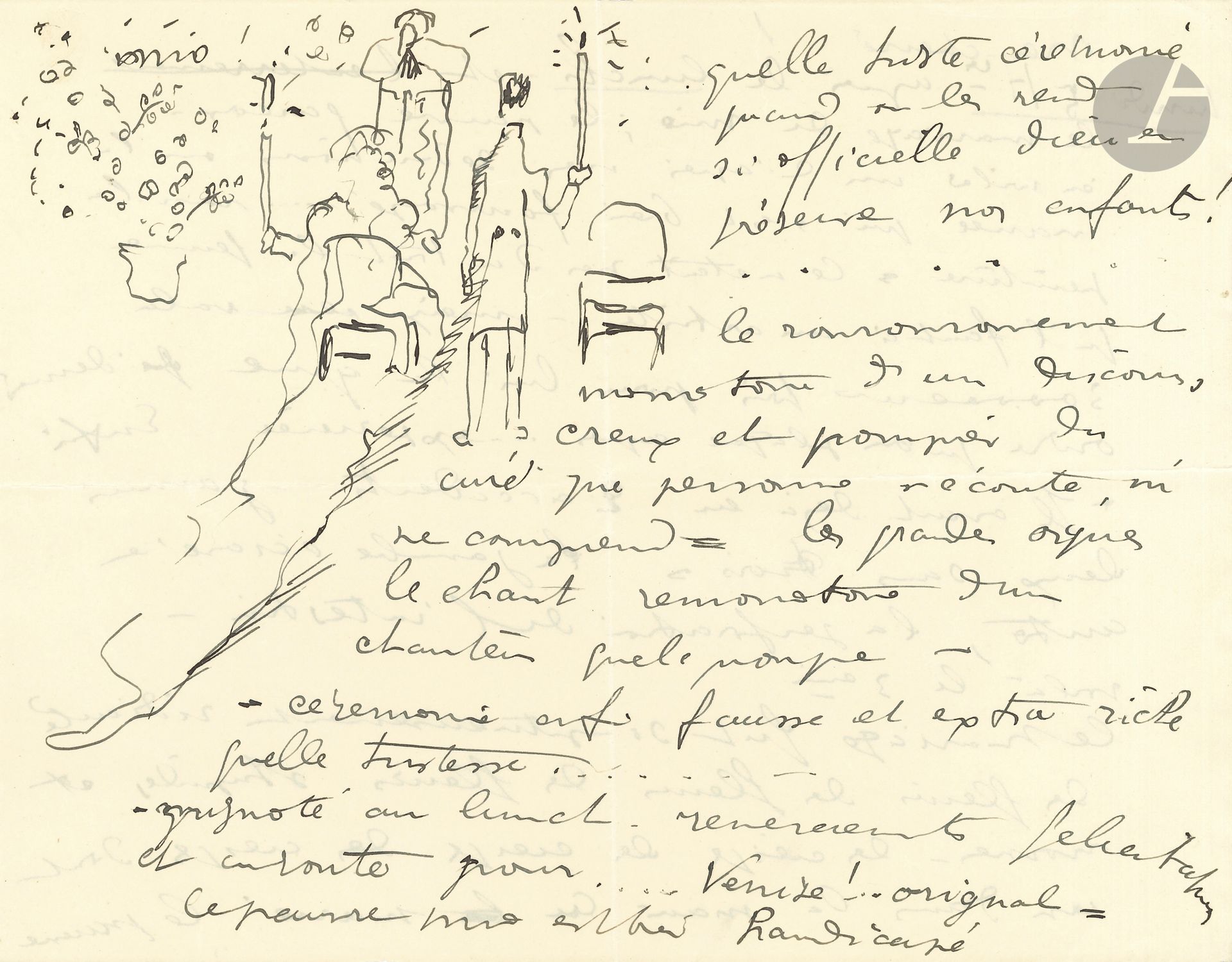 Émile Othon FRIESZ (1879-1949). L.A.S. avec dessin, [Paris 22 mai 1923 ?], à sa femme à Cap-Brun ; 4 pages oblong in-4, enveloppe.

Il raconte, et dessine, avec humour, un mariage mondain et sinistre. « Ce n’était pas du tout la femme qu’il faut à un artiste – mieux eut valu 3 000000 fois pour lui la grue de dernier ordre qu’on plaque après... expérience. Enfin – il avait déjà eu 2 accidents – jamais deux sans trois »...