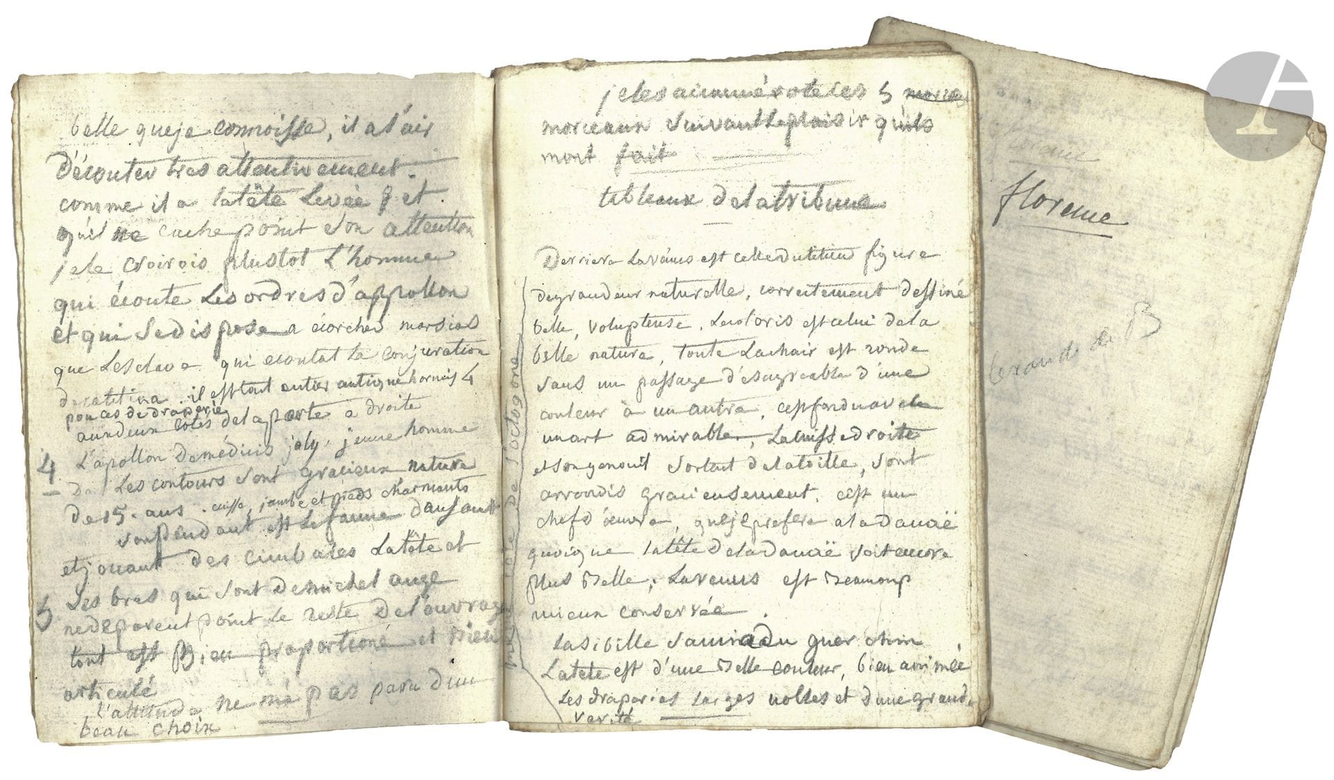 Alexandre de BEAUHARNAIS (1760-1794) général et député, il fut suspendu et guillotiné ; sa veuve Joséphine épousa Bonaparte. 2 carnets autographes, Florence ; 16 et 24 pages in-12 cousues (plus ff. vierges), au crayon.

Carnets de voyage à Florence : visite des principaux monuments, églises, couvents, palais et surtout musées… Il commente avec jugement et goût les œuvres d’art qui le marquent, et les décrit en détail... – Il remarque un portrait du Dante, et commence par la visite du Campanile : « La tour des cloches à la cathédralle. 418 marches. C’est de là qu’on peut juger de la situation de Florence dans un vallon dont elle occupe toute la largeur […] cette vue est délicieuse » ; puis l’église Saint-Laurent : « tombeau de Cosme, exécuté par Michel-Ange. Le jour n’est que beauté. La nuit est superbe, belle attitude, un peu de rudesse peut-être, et les tétons trop écartés ». Il visite ensuite la basilique de l’Annunziata : il y relève des bas-reliefs de Jean de Bologne, et dans le cloître cette fresque « une Ste famille d’André Del Sarte […] ou Madonna del Sacco., figure d’une paysanne, mais jolie, bons coloris, excellente draperie, Jésus mal assis […] c’est un de ses chefs d’œuvre »… Au couvent de Santa Maria Novella : « Il y a une pharmacie où l’on vent des baumes, des pommades, des essences qui ont beaucoup de réputation. Emplettes pour 52 paules »… Palais Ricardi : il décrit les différents tableaux qui lui ont plu ; au cloître de la Confrérie de St Jean-Baptiste, il s’enthousiasme sur les fresques d’Andrea del Sarto sur la vie du saint ; à Santa Croce, il décrit le tombeau de Michel-Ange, etc. ; ce carnet se termine par la visite du palais Pitti… – Le second carnet est consacré à la visite des Offices, en commençant par la Tribune, dont il décrit en détail 5 statues, « La Vénus de Medicis charmante », puis les nombreux tableaux auxquels il consacre plusieurs pages : « Derrière la Vénus est celle du Titien figure de grandeur naturelle, correctement dessinée, belle, voluptueuse », etc… Il visite ensuite la « Chambre des tableaux flamands », puis la « Salle des portraits, 122 portraits », dont il note ceux qu’il a aimé ; puis la « Salle des peintres », idem ; puis « le vestibule du torse », la « Salle de l’hermaphrodite », la « Salle des Niobé », etc. ; et pour finir la Galerie…