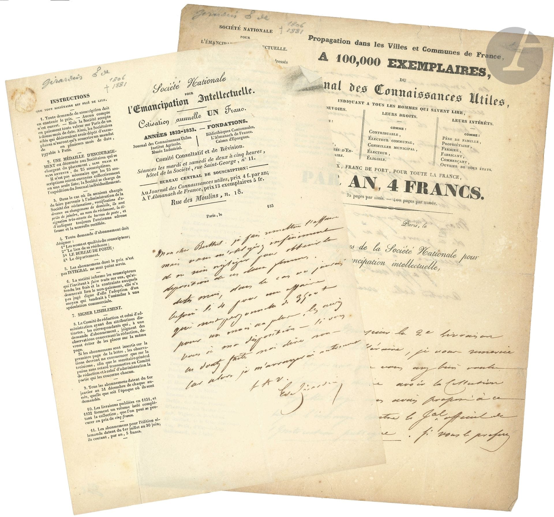 Émile de GIRARDIN (1806-1881). 9 L.A.S.; ca. 15 pages in various formats and headings.


Business letters, to various correspondents. A letter on the letterhead of the Journal des connaissances utiles asks for an exchange between his Journal officiel de l'Instruction Publique and La France Littéraire of which he wishes to receive the complete collection. Another, with the letterhead of the National Society for Intellectual Emancipation, is addressed to Élie Berthet. From Bourganeuf on July 1, 1842, he wrote to his friend Mézerat, sub-prefect of Bellac. - January 14, 1846, about his newspaper La Presse and a treaty. - September 8, 1848, about the elections: "I do not understand the candidate, a real bat, flying from district to district, from canton to canton, from district to district, from the city to the suburbs, and from the suburbs to the city, from Committee to Committee, from Club to Club, speaking cautiously here and exalted there. In such a place saying: I am a bird, see my wings! In such other: I am a mouse, live the rats! Finally lending himself to all the contrary demands and discrediting his character to ensure the success of his candidacy"... - April 13, 1860, answer to observations about the play L'École des journalistes for which he thanks his friend: "If M. Plon does not make a box, we will put an erratum at the end of the volume", it is also necessary to note the dates of the representations, the distribution... - October 8, to Eugène de Montglave : business letter about the capital of the Press... Etc.

An electoral poster is attached, Nommons Emile de Girardin.