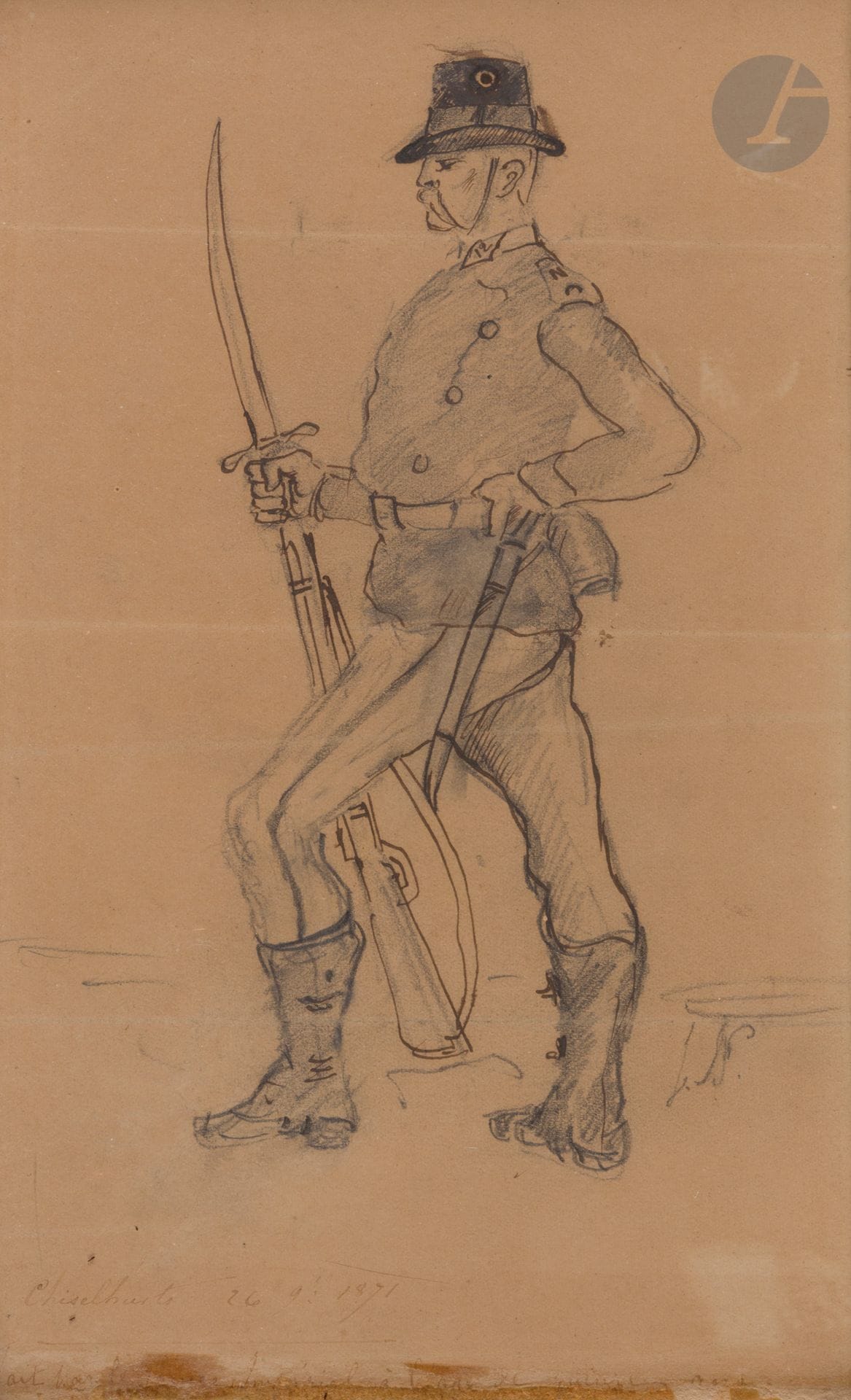 NAPOLÉON IV (1856-1879) le Prince impérial, fils de Napoléon III. Dessin original au crayon et à l’encre, signé « L.N. », [1871] ; 29 x 18 cm (encadré).

Soldat anglais debout, de profil, tenant un fusil à baïonnette ; daté en bas d’une autre main de Chislehurst 26 novembre 1871.