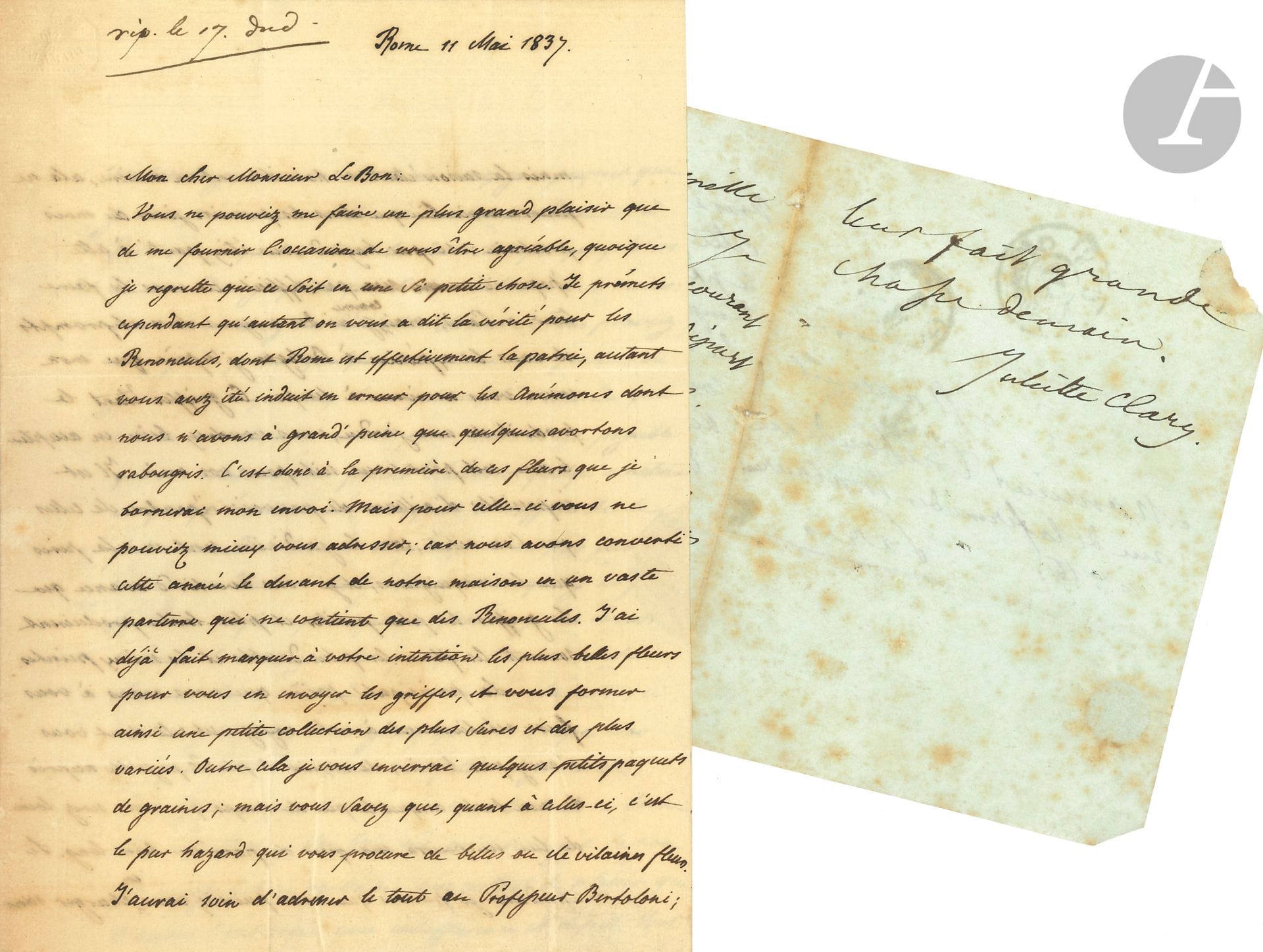 Famille BONAPARTE. 4 lettres ou pièces.

Fragment de L.A.S. de Zénaïde Bonaparte. L.S. de son mari Charles prince de Musignano, Rome, 11 mai 1837, à M. Le Bon à Bologne, concernant la botanique. L.A.S. « Juliette Clary », 18 novembre 1839, à M. Thibaudeau. Carte de visite d’Edmond Bonaparte-Panet.
