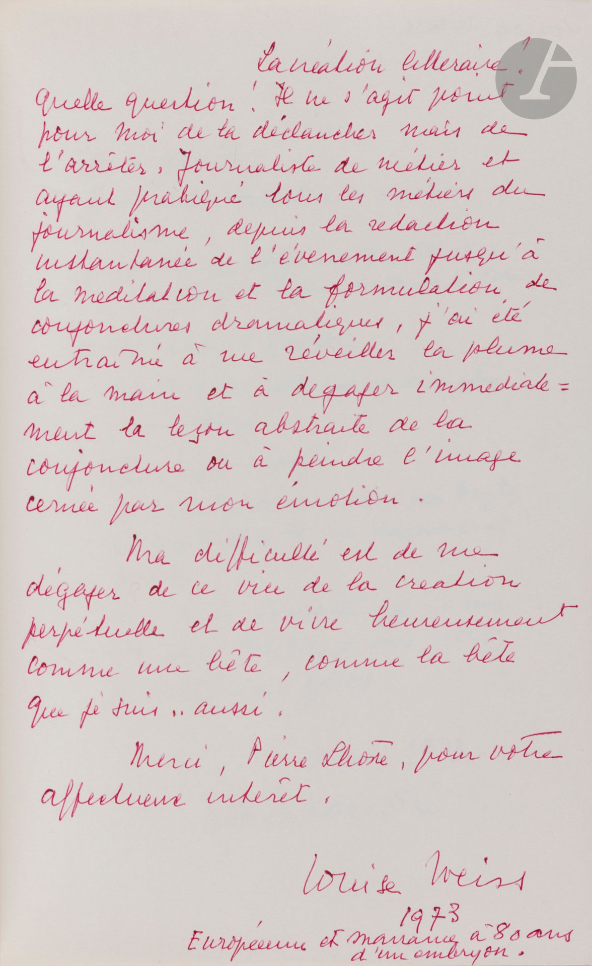 ALBUMS « LA CRÉATION ». 2 albums in-8 maroquin havane, tranches dorées. 56 et 11 ff (le reste vierge, un étui).

51 textes a.s. sur la création, 1968-1979, par Michel Bataille, Roger Bésus, Marc Blancpain, Henry Bonnier, Roger Bordier, Daniel Boulanger, Jean Breton, Guy des Cars, André Castelot, René dc de Castries, Michel Ciry, Carlo Coccioli, Jean-Louis Curtis, Jean Davray, Alain Decaux, Didier Decoin, Christian Dedet, Christian Dedeyan, Jean Descola, Jean Duché, Georges Elgozy, gal Jean-Paul Etcheverry, Simonne Fabien, Jean Fayard, Jean-Marie Fonteneau, Paul Guth, Roger Ikor, Alexandre Kalda, Edmée de La Rochefoucauld, Auguste Le Breton, Jean Loiret, Robert Mallet, Gabriel Matzneff, Claude Mauriac, Gérard Mourgue, Pierre Moustiers, François Nourissier, Louis Nucera, Jean d’Ormesson, Louis Pauwels, Suzanne Prou, Henri Queffélec, Robert Sabatier, Michèle Saint-Lô, Michel de Saint-Pierre, Yves Sandre, Maurice Schumann, Maurice Toesca (2), Henri Troyat, Louise Weiss.
11 textes a.s. sur la création, 1975-1977, par Georges Blond, Pierre Boulle, R.P. Bruckberger, Joanna Bruzdowicz, Edmond Buchet, Guy des Cars, André Chamson, Simonne Fabien, Renée Massip, Marcel Schneider, Jean Sulivan.