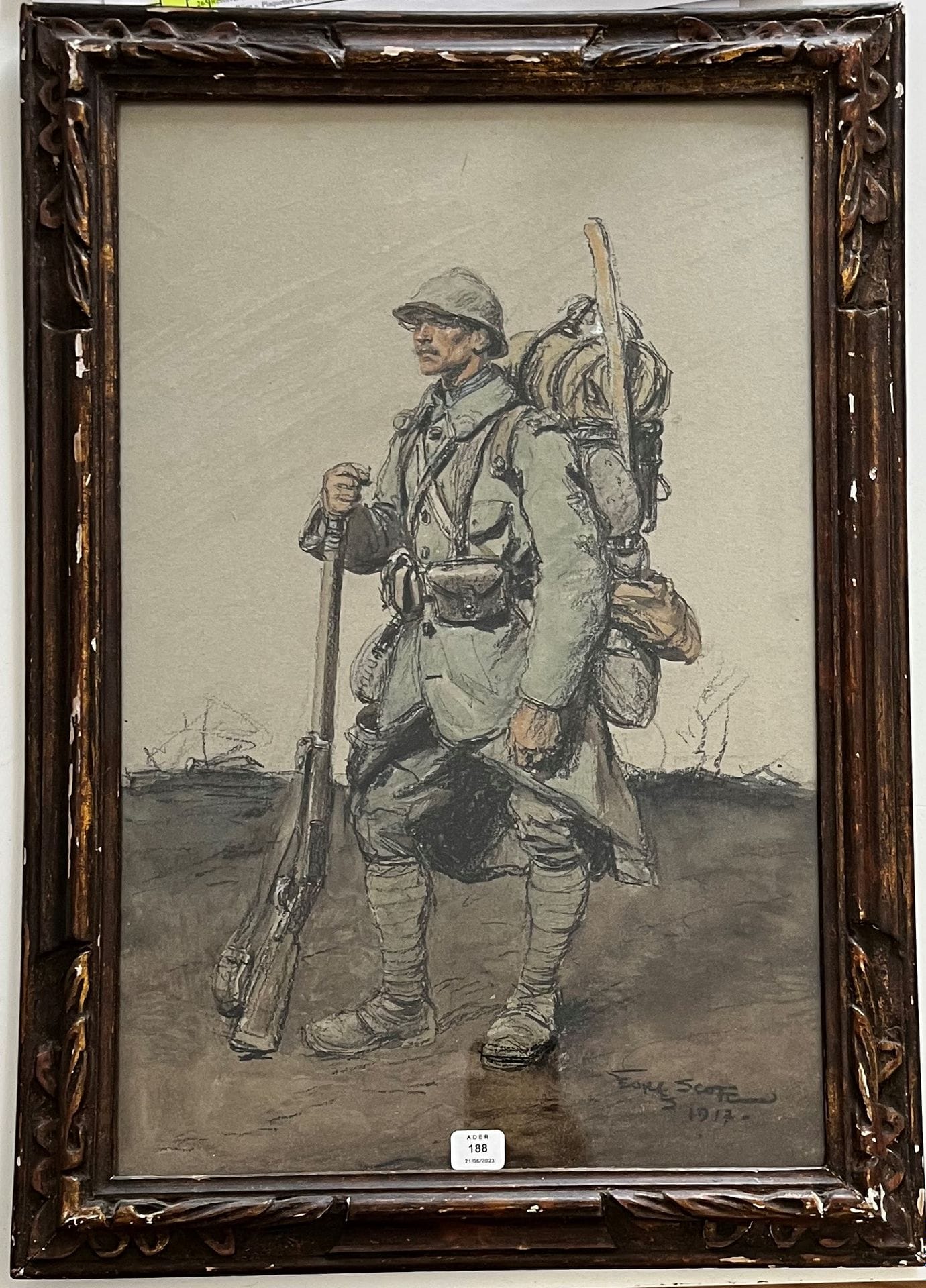 Georges SCOTT (1873-1943)
Poilu en pied
Crayon et aquarelle.
Signée en bas à droite et datée 1917.
45 x 29 cm
Cadre en bois.