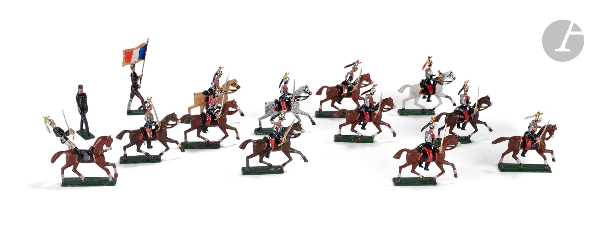 Soldats de plomb CBG en demi-ronde bosse.
Une boîte de cuirassiers à cheval. 12 cavaliers.
B.E. (manque 2 queues aux chevaux.)