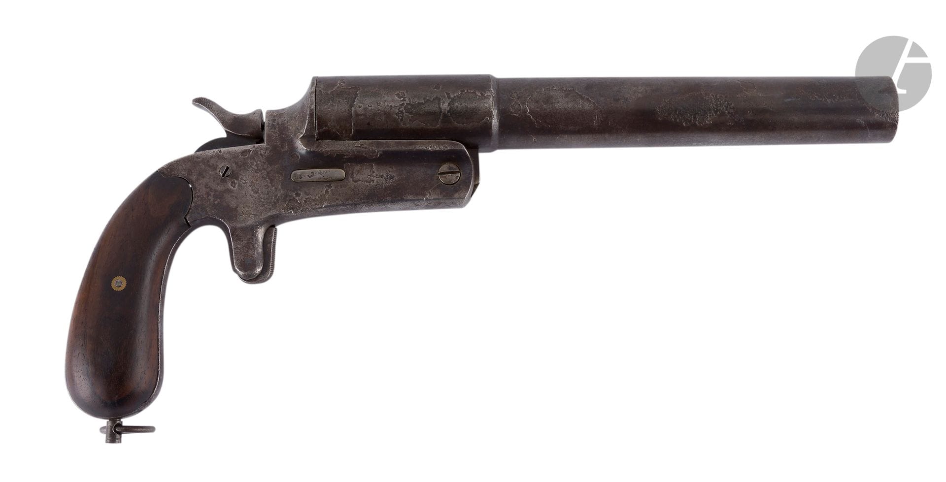 Pistolet lance-fusée Allemand Druckknopf.
Carcasse poinçonnée « J.K ». Détente éperon. Plaquettes de crosse en bois. Marquages « Minn.komp.233.3. zug ».
(Piqûres).