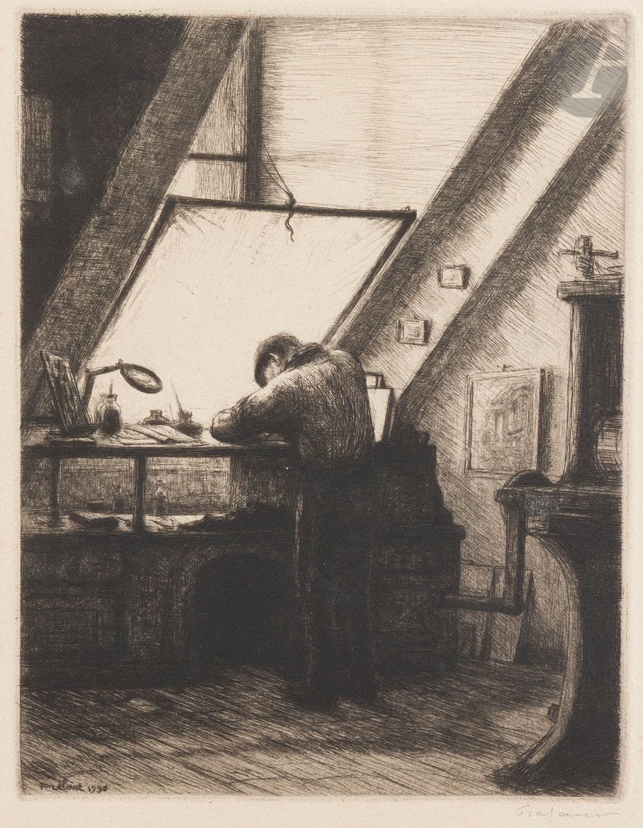 Jean Frélaut (1879-1954) 
Le Graveur. 1930. Pointe sèche et burin. 140 x 182. Frélaut 325. Très belle épreuve sur vélin mince ivoire, signée au crayon. Légère trace de pli oblique en surface, en travers de la signature. Toutes marges. Tirage à 200 épreuves pour le catalogue de la 18e exposition de la Société des Peintres-Graveurs Français. Timbre R. T.

Cette épreuve a figuré dans les expositions suivantes : Des habits et nous…, Le Faouët, 2007 ; Before and After Gauguin, Atlanta, 2008.