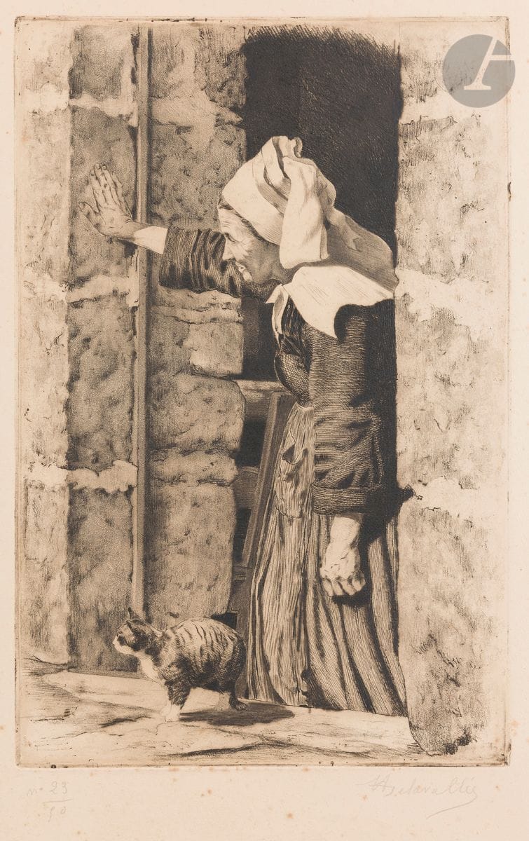 Henri Delavallée (1862-1943) 
La Vieille à sa porte (Pont-Aven). 1892-1893. Eau-forte, vernis mou et aquatinte. 240 x 360. Morane 55. Belle épreuve sur vélin ivoire, numérotée et signée au crayon. Rousseurs éparses. Toutes marges. Tirage à 50 épreuves. Timbre R. T. 

Cette épreuve a figuré dans l’exposition Before and after Gauguin, Atlanta, 2008.