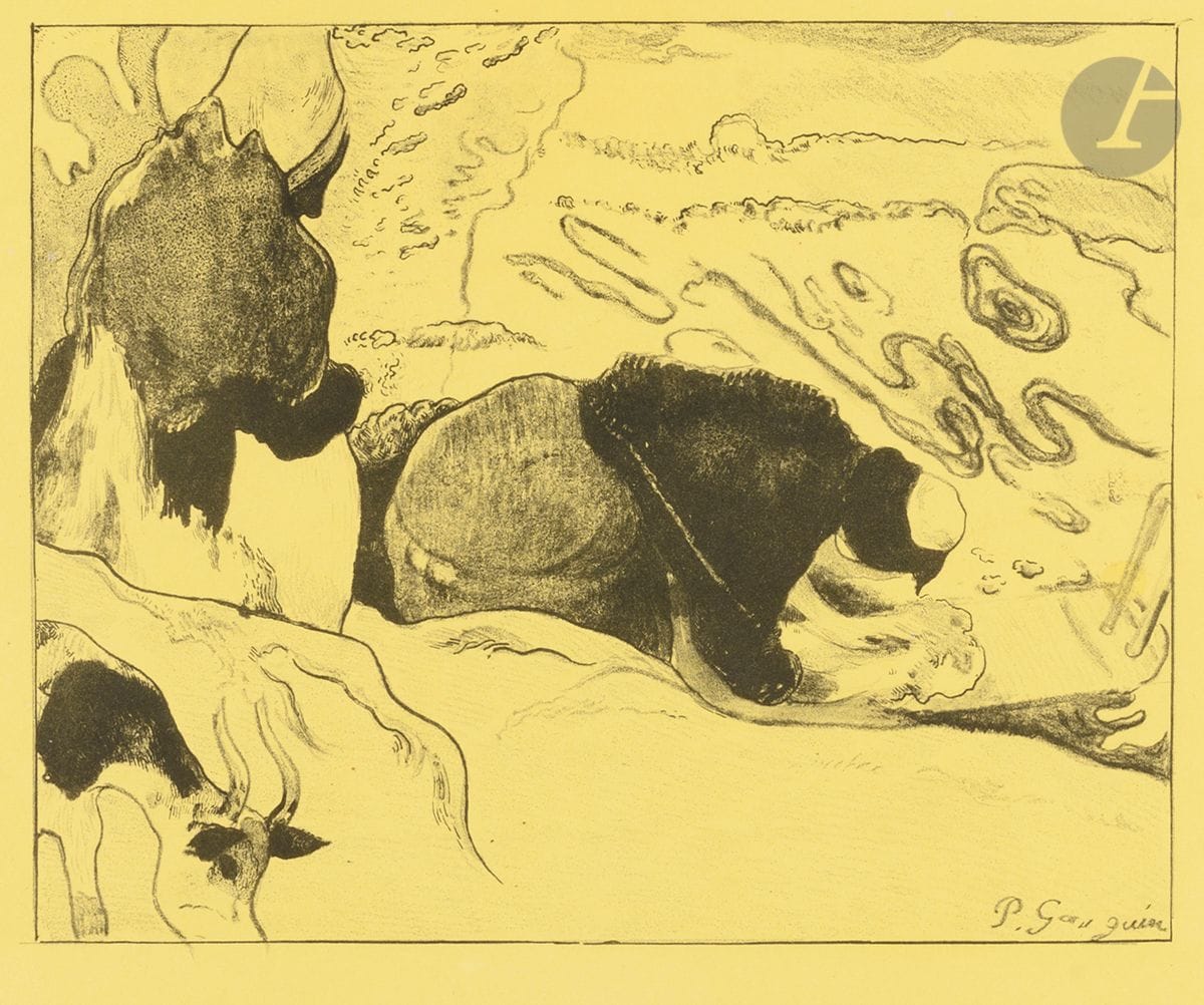 Paul Gauguin (1848-1903) 
Les Laveuses. 1889. Zincographie. 260 x 208. Mongan, Kornfeld et Joachim 10. Très belle épreuve du 1er tirage effectué par Ancourt, sur vélin jaune canari. Deux rousseurs claires marginales. Un petit enfoncement fracturé en marge supérieure. Courte déchirure au bord droit. Toutes marges [630 x 478]. Tirage indéterminé (30 ou 50 épreuves). Timbre R. T. 

Cette épreuve a figuré dans les expositions suivantes : Cent ans d’estampes en Bretagne, Le Faouët, 1998 (reproduite au catalogue sous le n° 160) ; Before and After Gauguin, Atlanta, 2008.
« A son retour à Paris [après le séjour en Arles avec Van Gogh], Gauguin entreprend une série d'estampes destinées à la publication. A la mi-février 1889, il retourne à Pont-Aven et y demeure jusqu'à la mi-avril : il revient alors à Paris préparer l'exposition impressionniste et symboliste du café Volpini. Il y présente dix-sept toiles, ainsi qu'un album de zincographies en commun avec Emile Bernard, « visible sur demande ». Dès le mois de juin, il retourne à Pont-Aven… » (M. Grivel, dir., Gauguin et l’École de Pont-Aven, catalogue d’exposition, Paris, Bibliothèque nationale, 1989, p. 29).
« La parution de l'album de lithographies, exposé « sur demande » au café Volpini, en 1889, est à rapprocher dans sa conception même de la remise à l’honneur de « l’album », dans les années 1880-1900, à la manière des albums lithographiques des années 1820-1830. A la suite d’Odilon Redon et de sa Tentation de saint Antoine (1888), Gauguin présente une suite de onze Dessins lithographiques. Il explique très bien son but dans une lettre écrite à Vincent Van Gogh le 20 janvier (?) 1889, trois semaines après le drame d’Arles : « Maintenant que j’ai un atelier dans lequel je couche [25, avenue de Montsouris] je vais me mettre au travail. J’ai commencé une série de lithographies pour être publiées afin de me faire connaître. C’est du reste d’après le conseil et sous les auspices de votre frère ». […] : il considère ainsi l’estampe comme un moyen de faire passer ses idées et non comme une œuvre originale en soi. Vers le 20 février, il a terminé son album […] C’est Edward Ancourt, né en 1842 et installé 8, rue du Faubourg Saint-Denis, qui en a effectué l’impression : le tirage en est de cinquante épreuves environ. Gauguin a choisi un papier éclatant d’un brillant jaune canari. On a rapproché le choix de ce support assez voyant des affiches commerciales publiées dans les années 1870-1880. Et peut-être y a-t-il en effet une volonté publicitaire chez Gauguin qui reprend dans ses zincographies des dessins ou des tableaux antérieurs afin manifestement de faire connaître son œuvre… » (M. Grivel, dir., Gauguin et l’École de Pont-Aven, catalogue d’exposition, Paris, Bibliothèque nationale, 1989, p. 31).