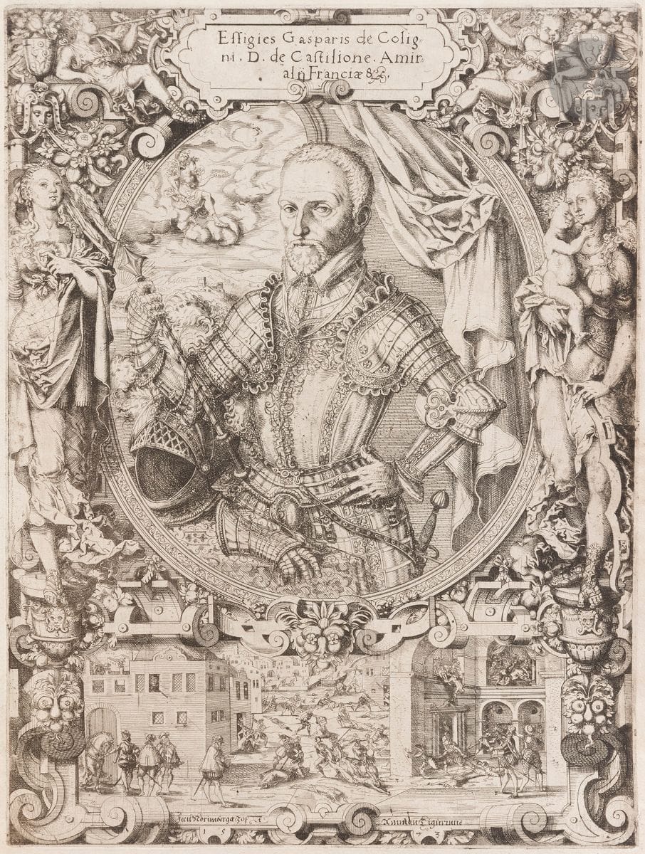 Jost Amman (1539-1591)
Gaspard de Coligny, amiral de France. 1573. Eau-forte. 270 x 362. Hollstein p. 9 ; Bartsch 7. Belle épreuve en retirage moderne sur vélin. Petit accident au bord droit. Petites marges. Ex-coll. E. Rouir (Lugt 2156a). Timbre R. T.