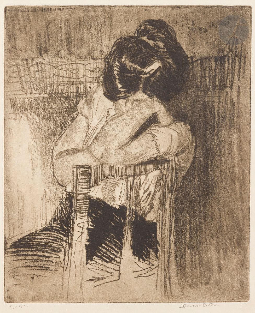 Adolphe Beaufrère (1876-1960) 
The Handmaid. 1905. Soft varnish. 158 x 185. Morane 05-03. A very fine proof printed in bistre black on strong simili-japan, annotated in pencil "20 épr." and signed, then titled at the foot "La petite servante". Two small remnants of mounting tabs at head on recto. Small traces of glue on verso. Full margins. Rare. Stamp R. T.