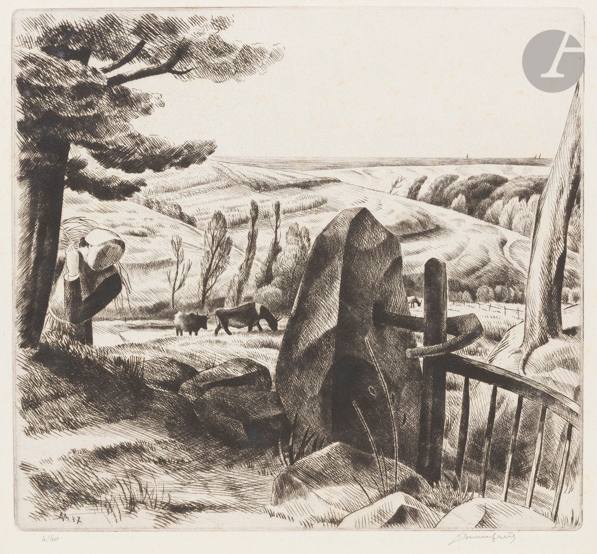 Adolphe Beaufrère (1876-1960) 
La Barrière de Kervoen (grande pl.). 1937. Eau-forte. 246 x 222. Morane 37-02. Très belle épreuve sur vélin crème, numérotée et signée au crayon puis titrée en pied. Quelques rousseurs claires. Pli souple le long du bord inférieur. Toutes marges. Tirage à 40 épreuves. Timbre R. T.