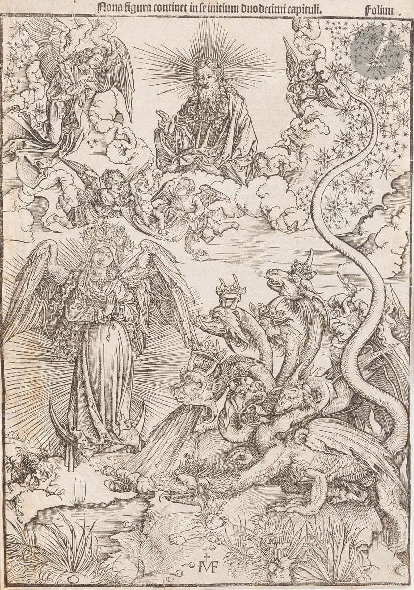 Albrecht Dürer (1471-1528) (after)
The Woman Clothed with the Sun and the Seven Dragons (Pl. from the Apocalypse suite). 1502. Woodcut copy by Hieronymus Greff. [282 x 406]. Proof on laid paper, with text printed in Latin on verso (Meder c). Several tears formerly consolidated on verso. Russeted band along left edge. Margin fillets on two sides. Stamp R. T.