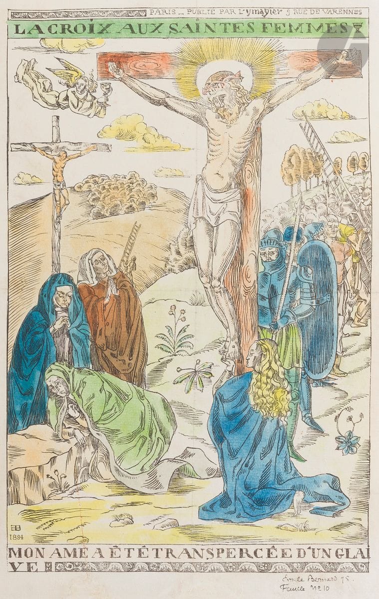 Émile Bernard (1868-1941) 
La Croix aux saintes femmes. 1894. Lithographie. [403 x 570]. Morane 38. Belle épreuve sur vélin, du tirage de luxe, aquarellée par l’artiste, signée et datée « 95 » à la plume et à l’encre, puis annotée « Feuille n° 10 », fortement lavée et restaurée. Plis persistants. Petits manques comblés dont un en pied, l’annotation manuscrite le long du bord inférieur (« tirée à 25 épreuves ») entamée. Toutes marges. Timbre R. T.

Planche publiée par L’Ymagier. Seules 25 épreuves coloriées furent signées et annotées, constituant le tirage de luxe.